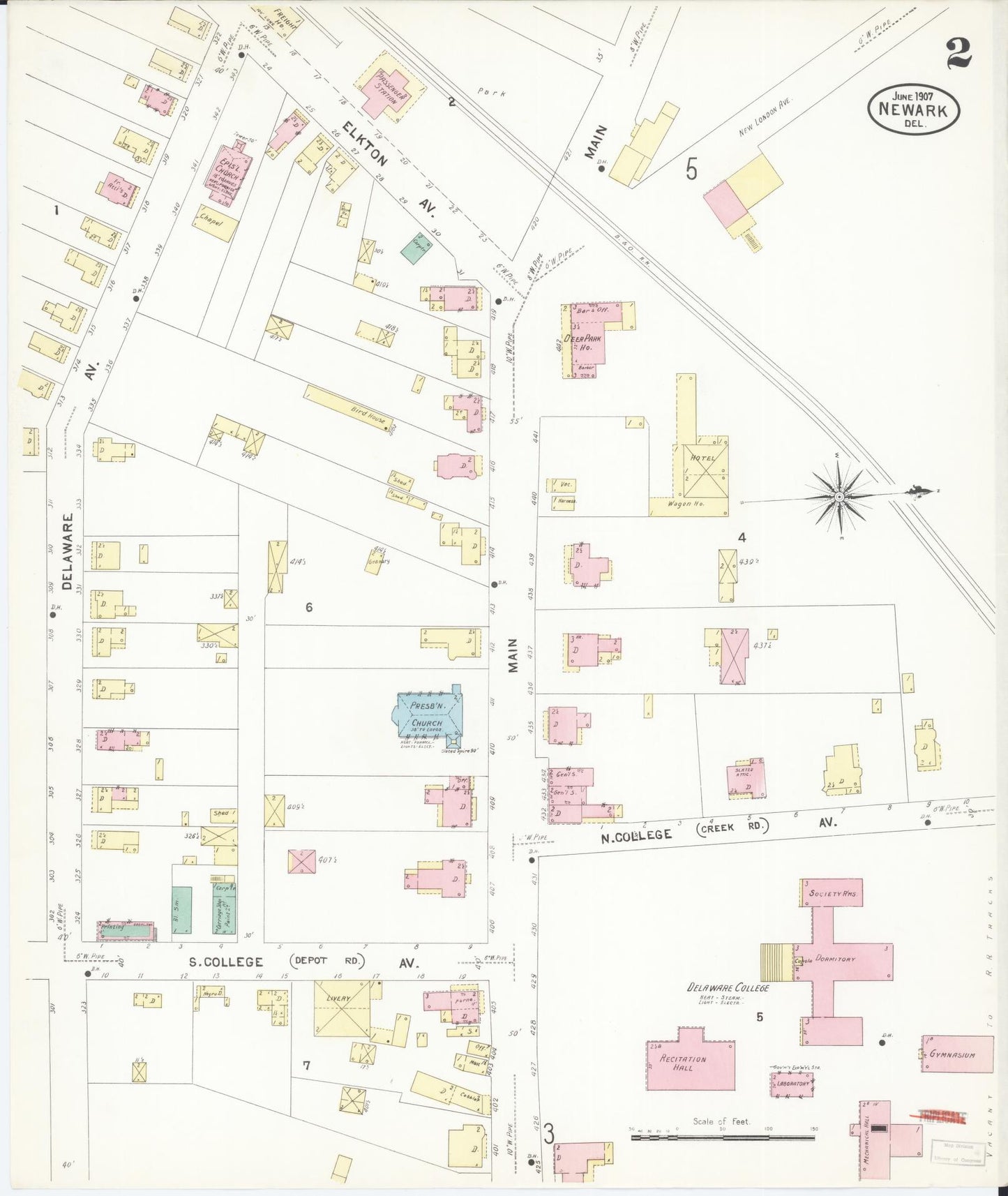 Sanborn Fire Insurance Map from Newark, New Castle County, Delaware (1907), Sheet #0002 - Complete Map Set gallery image, historic Sanborn map, vintage wall art, Delaware Delaware