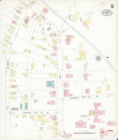 Sanborn Fire Insurance Map from Newark, New Castle County, Delaware (1907), Sheet #0002 - Complete Map Set gallery image, historic Sanborn map, vintage wall art, Delaware Delaware