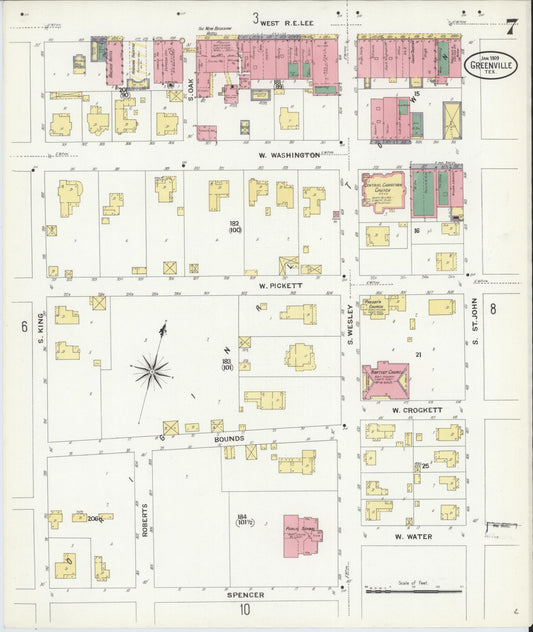 Sanborn Fire Insurance Map from Greenville, Hunt County, Texas (1909), Sheet #0007 - Historic Sanborn Fire Insurance Map Print, vintage old map wall art, antique decor, genealogy gift, Texas Texas map
