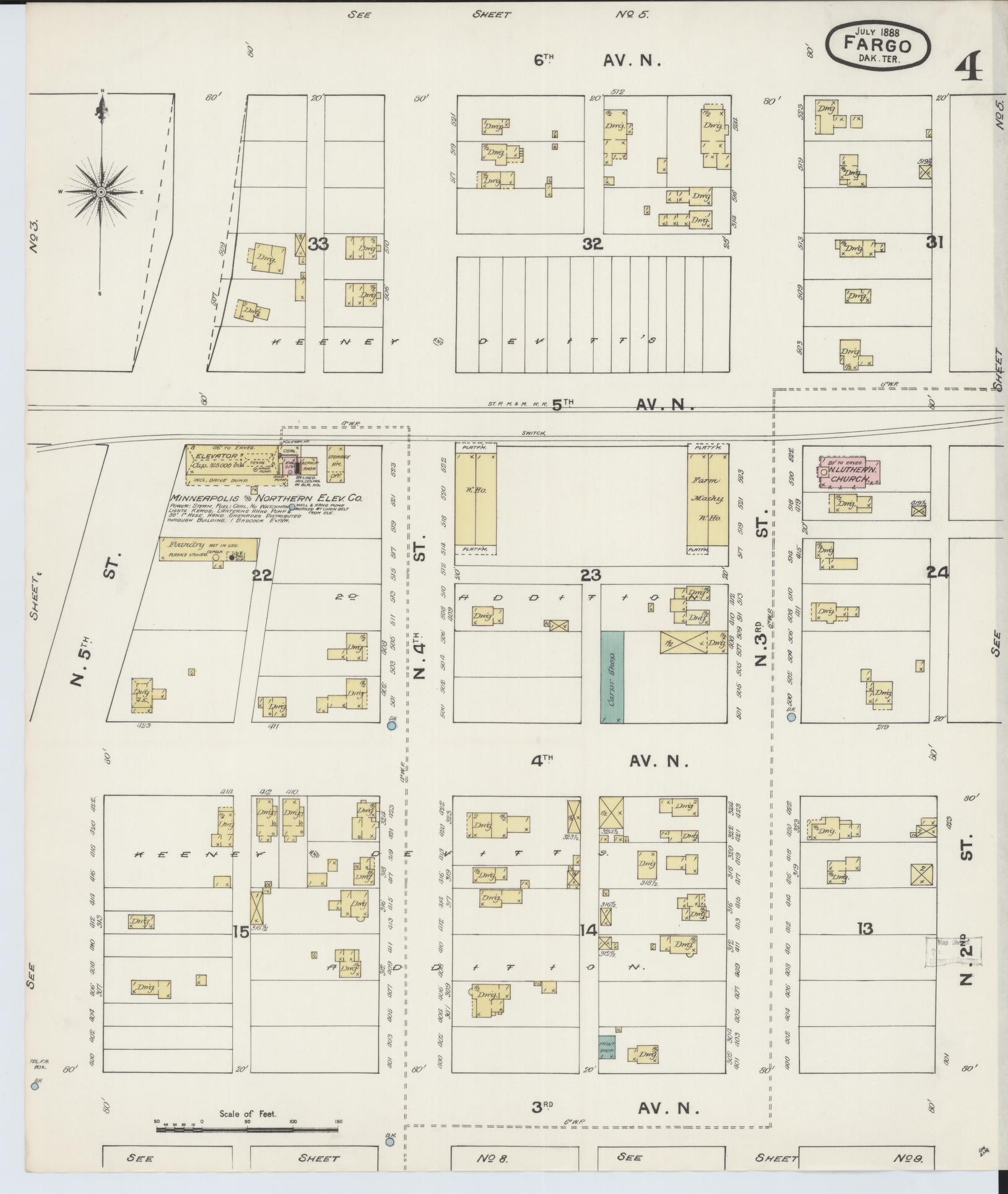 Sanborn Fire Insurance Map from Fargo, Cass County, North Dakota (1888), Sheet #0004 - Historic Sanborn Fire Insurance Map Print, vintage old map wall art, antique decor, genealogy gift, North Dakota North Dakota map