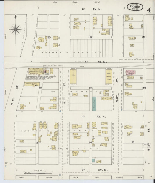 Sanborn Fire Insurance Map from Fargo, Cass County, North Dakota (1888), Sheet #0004 - Historic Sanborn Fire Insurance Map Print, vintage old map wall art, antique decor, genealogy gift, North Dakota North Dakota map