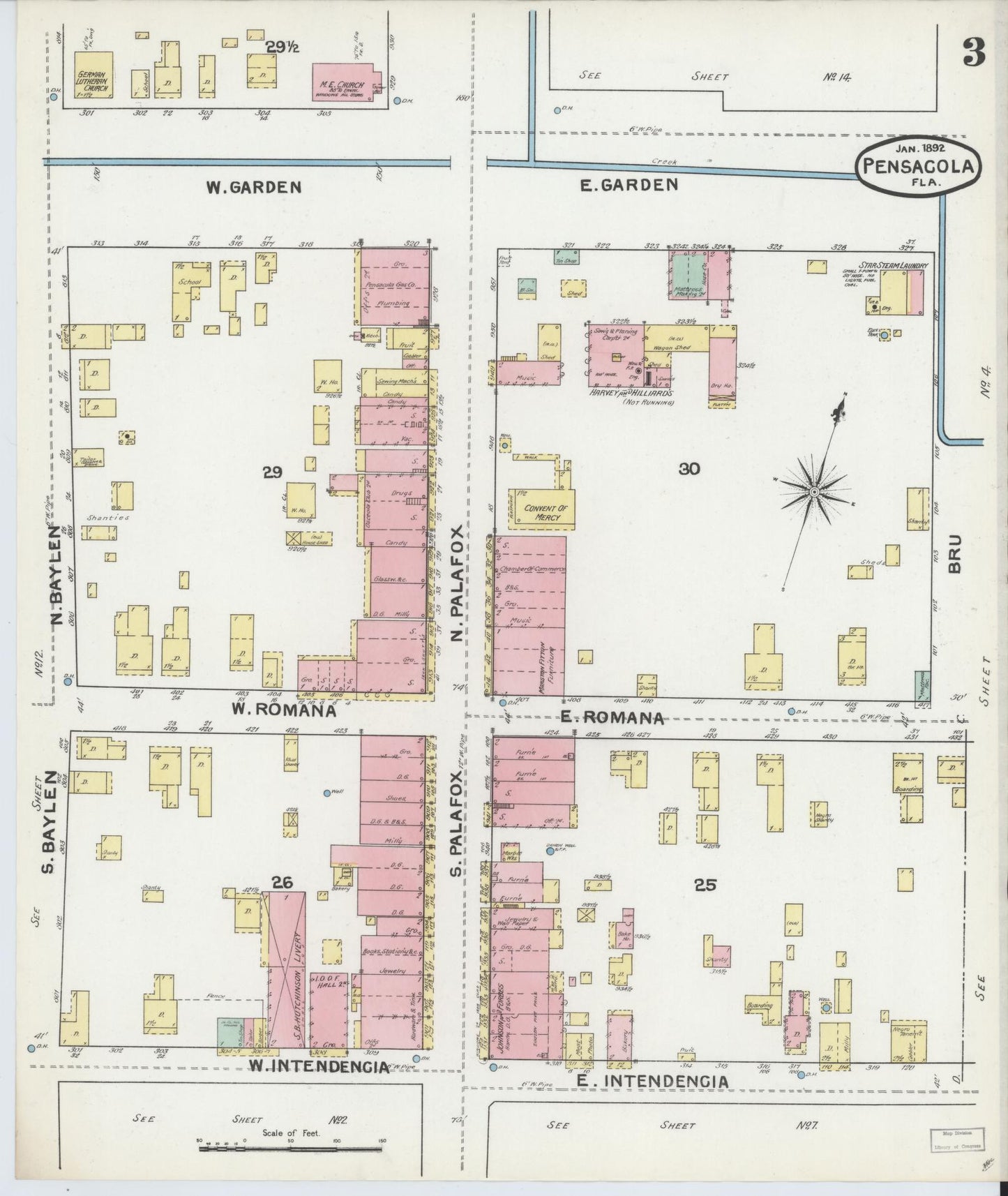 Sanborn Fire Insurance Map from Pensacola, Escambia County, Florida (1892), Sheet #0003 - Complete Map Set gallery image, historic Sanborn map, vintage wall art, Florida Florida