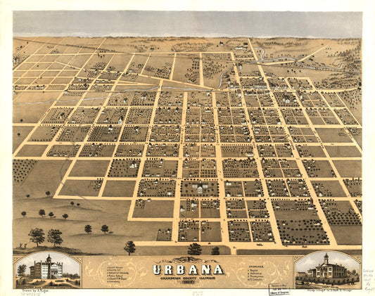 Bird's eye view of the city of Urbana, Champaign County, Illinois 1869. (1869) – Historic Bird’s-Eye View Panorama Print