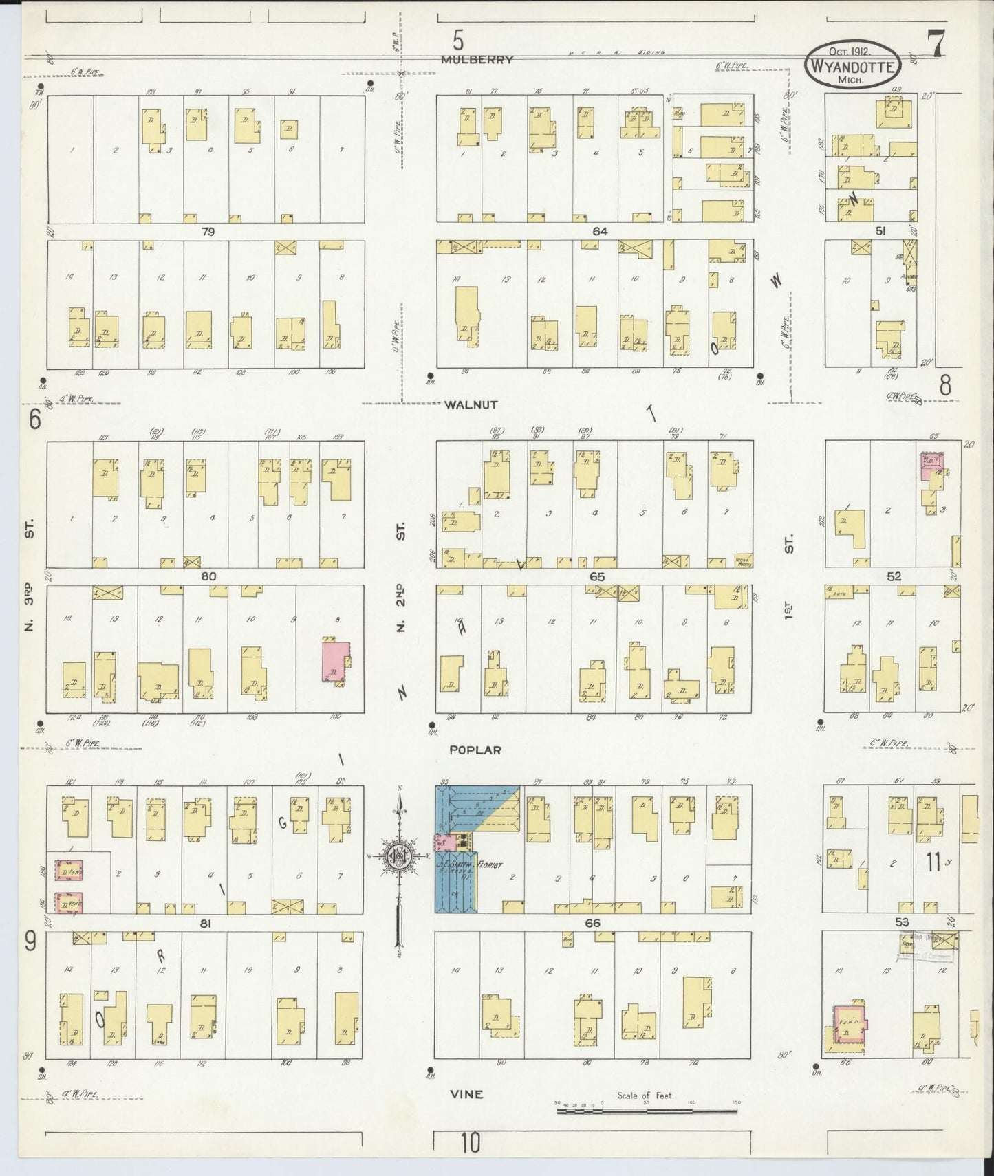 Sanborn Fire Insurance Map from Wyandotte, Wayne County, Michigan (1912), Sheet #0007 - Historic Sanborn Fire Insurance Map Print, vintage old map wall art, antique decor, genealogy gift, Michigan Michigan map
