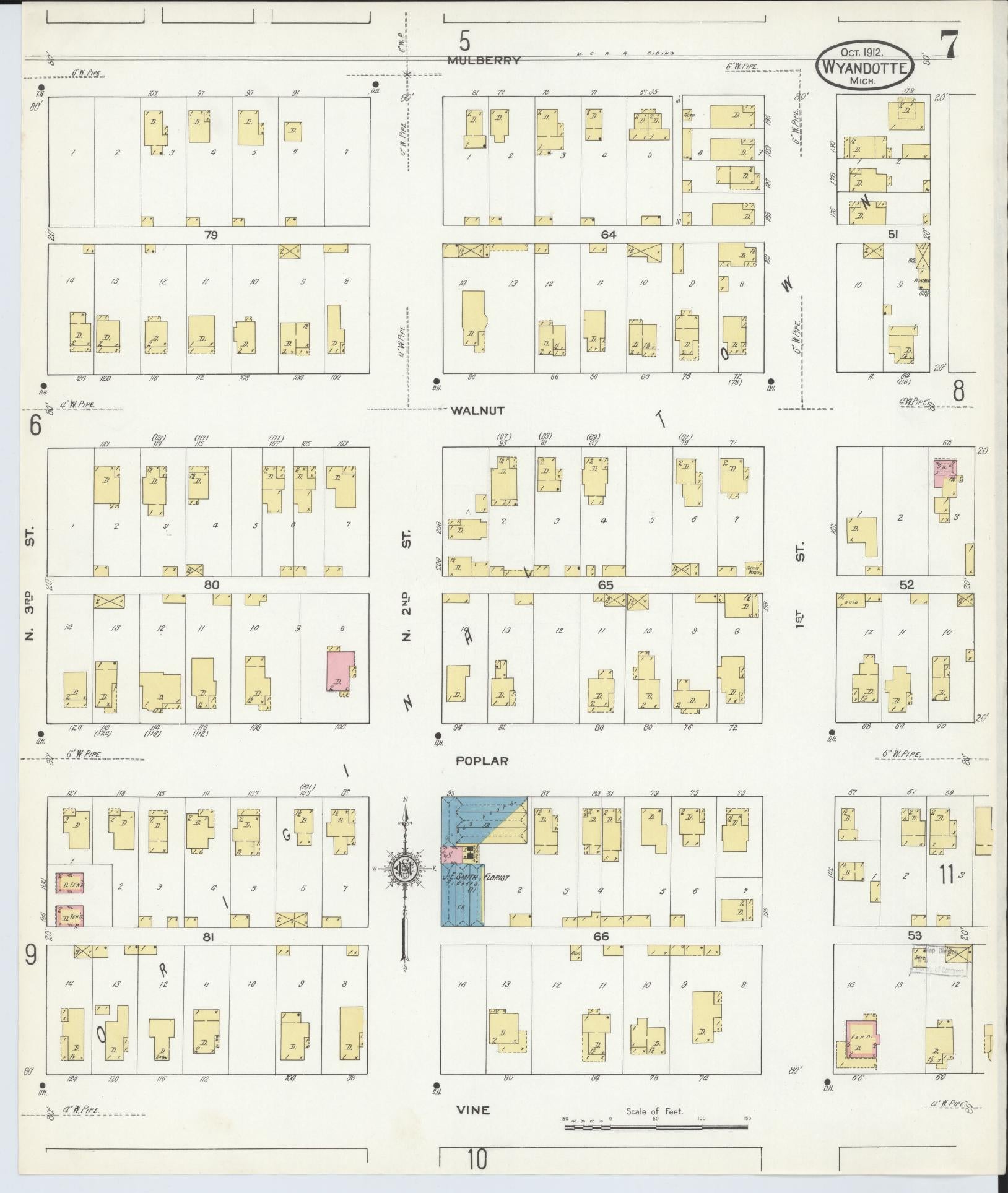 Sanborn Fire Insurance Map from Wyandotte, Wayne County, Michigan (1912), Sheet #0007 - Historic Sanborn Fire Insurance Map Print, vintage old map wall art, antique decor, genealogy gift, Michigan Michigan map