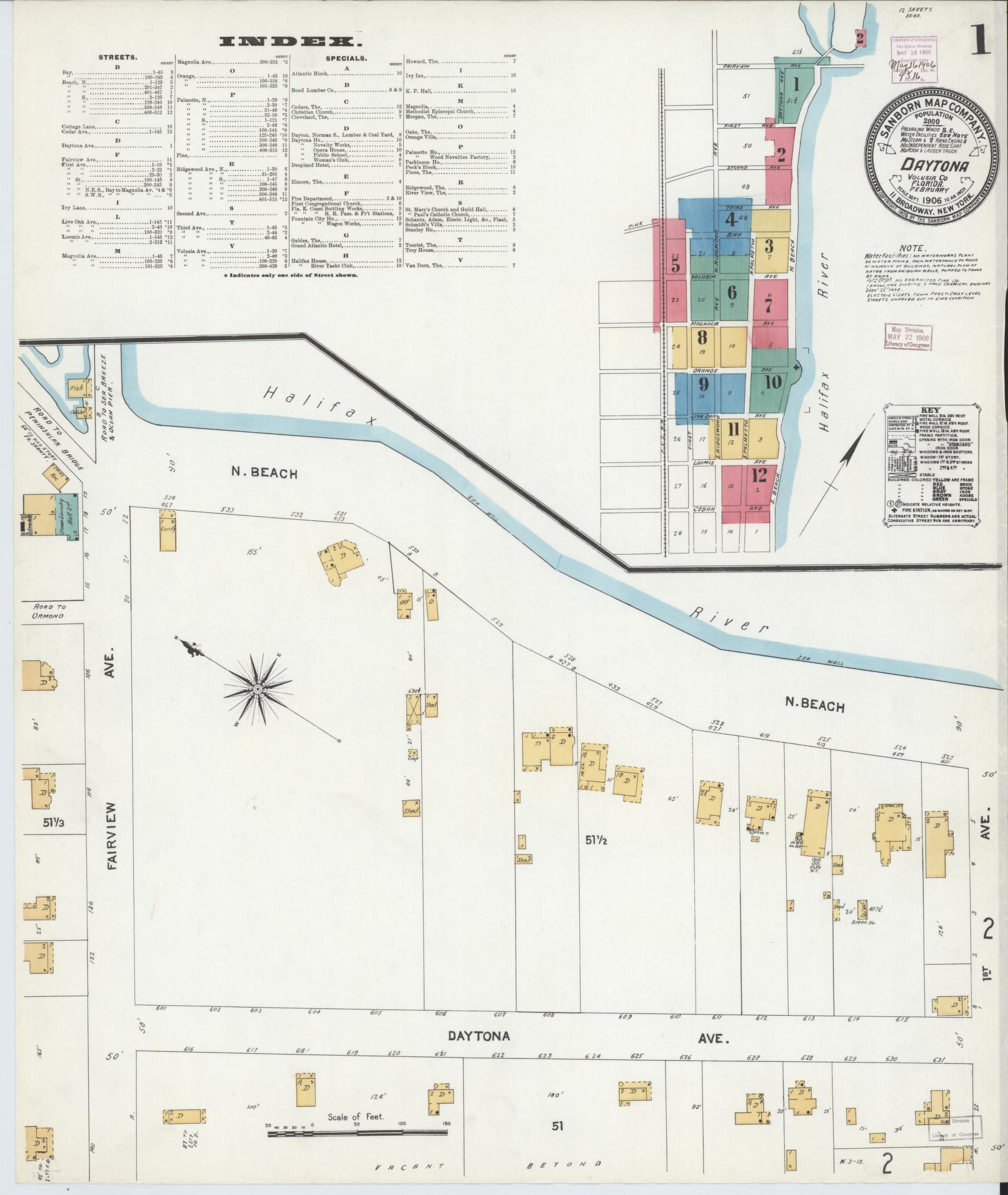 Sanborn Fire Insurance Map from Daytona, Volusia County, Florida (1906), Sheet #0001 - Historic Sanborn Fire Insurance Map Print, vintage old map wall art, antique decor, genealogy gift, Florida Florida map