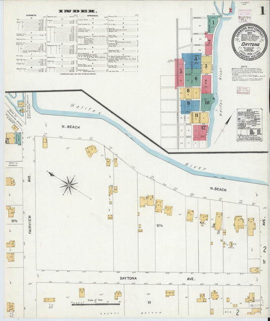 Sanborn Fire Insurance Map from Daytona, Volusia County, Florida (1906), Sheet #0001 - Historic Sanborn Fire Insurance Map Print, vintage old map wall art, antique decor, genealogy gift, Florida Florida map