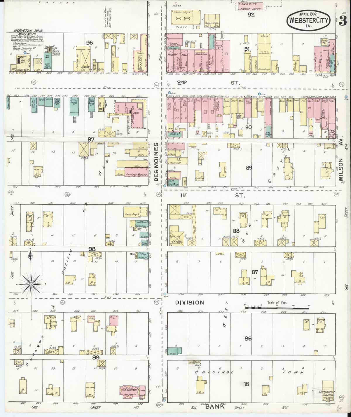 Sanborn Fire Insurance Map from Webster City, Hamilton County, Iowa (1892), Sheet #0003 - Historic Sanborn Fire Insurance Map Print, vintage old map wall art