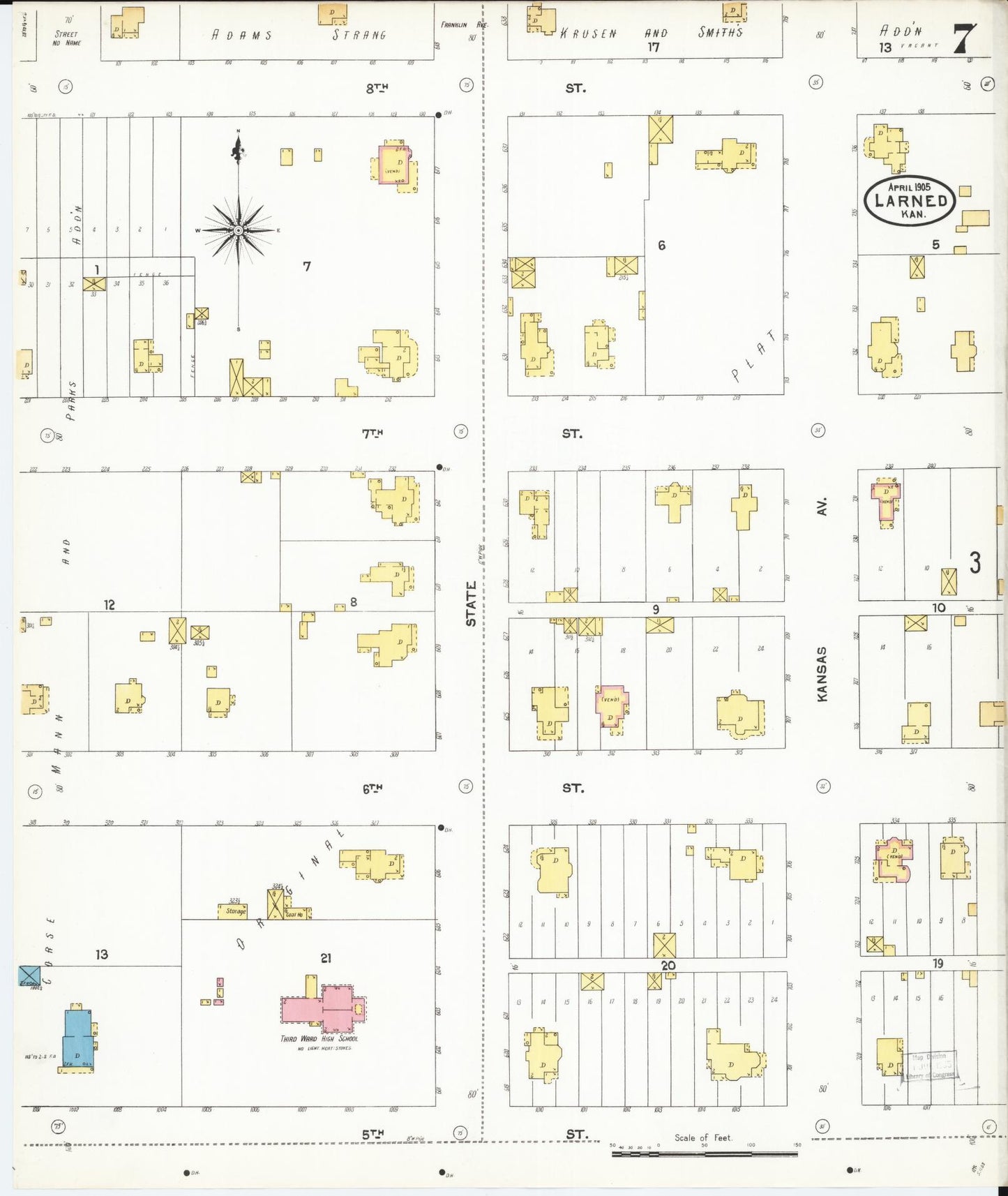 Sanborn Fire Insurance Map from Larned, Pawnee County, Kansas (1905), Sheet #0007 - Complete Map Set gallery image, historic Sanborn map, vintage wall art, Kansas Kansas