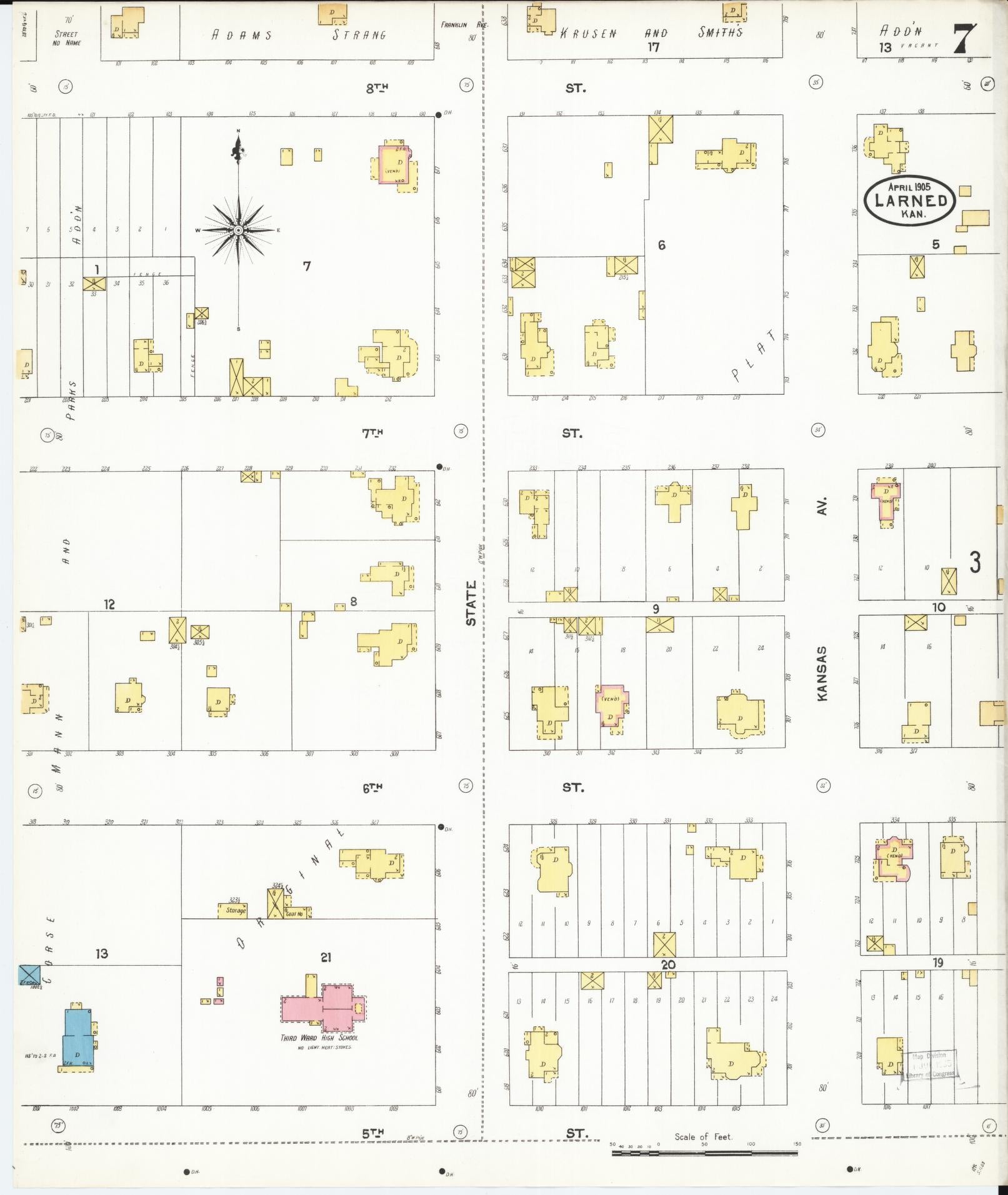 Sanborn Fire Insurance Map from Larned, Pawnee County, Kansas (1905), Sheet #0007 - Complete Map Set gallery image, historic Sanborn map, vintage wall art, Kansas Kansas