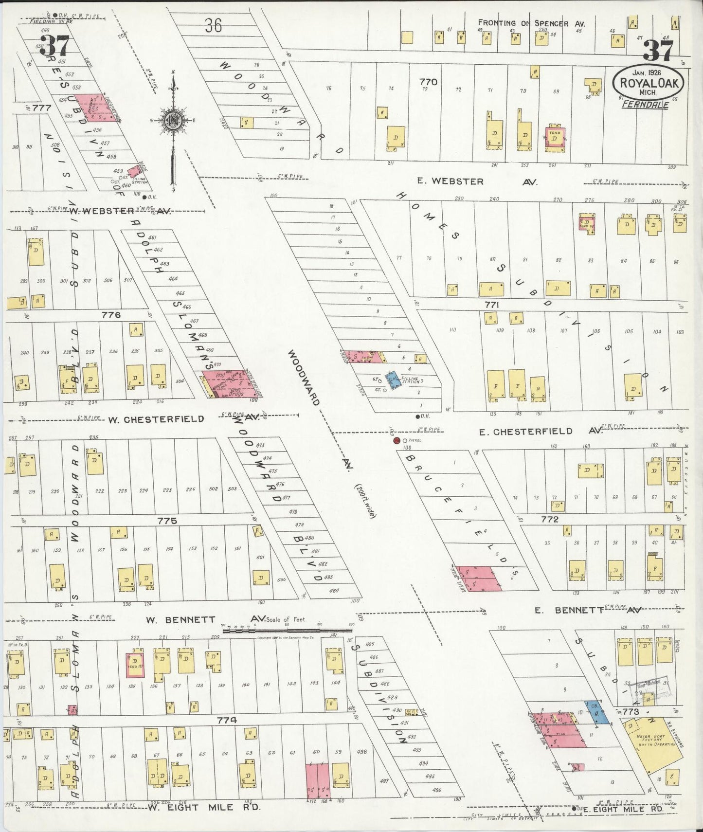 Sanborn Fire Insurance Map from Royal Oak, Oakland County, Michigan (1926), Sheet #0037 - Complete Map Set gallery image, historic Sanborn map, vintage wall art, Michigan Michigan