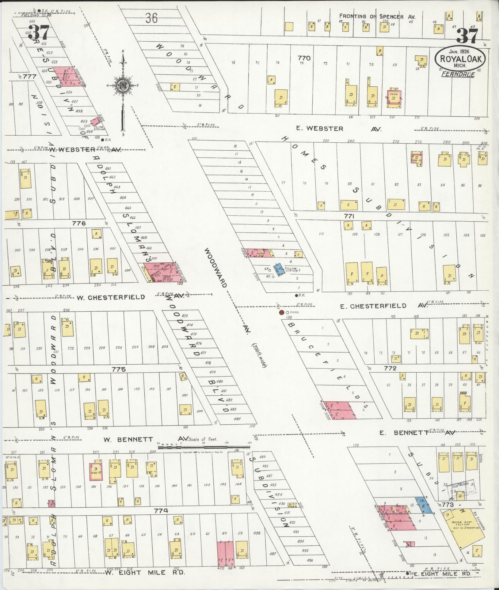 Sanborn Fire Insurance Map from Royal Oak, Oakland County, Michigan (1926), Sheet #0037 - Complete Map Set gallery image, historic Sanborn map, vintage wall art, Michigan Michigan