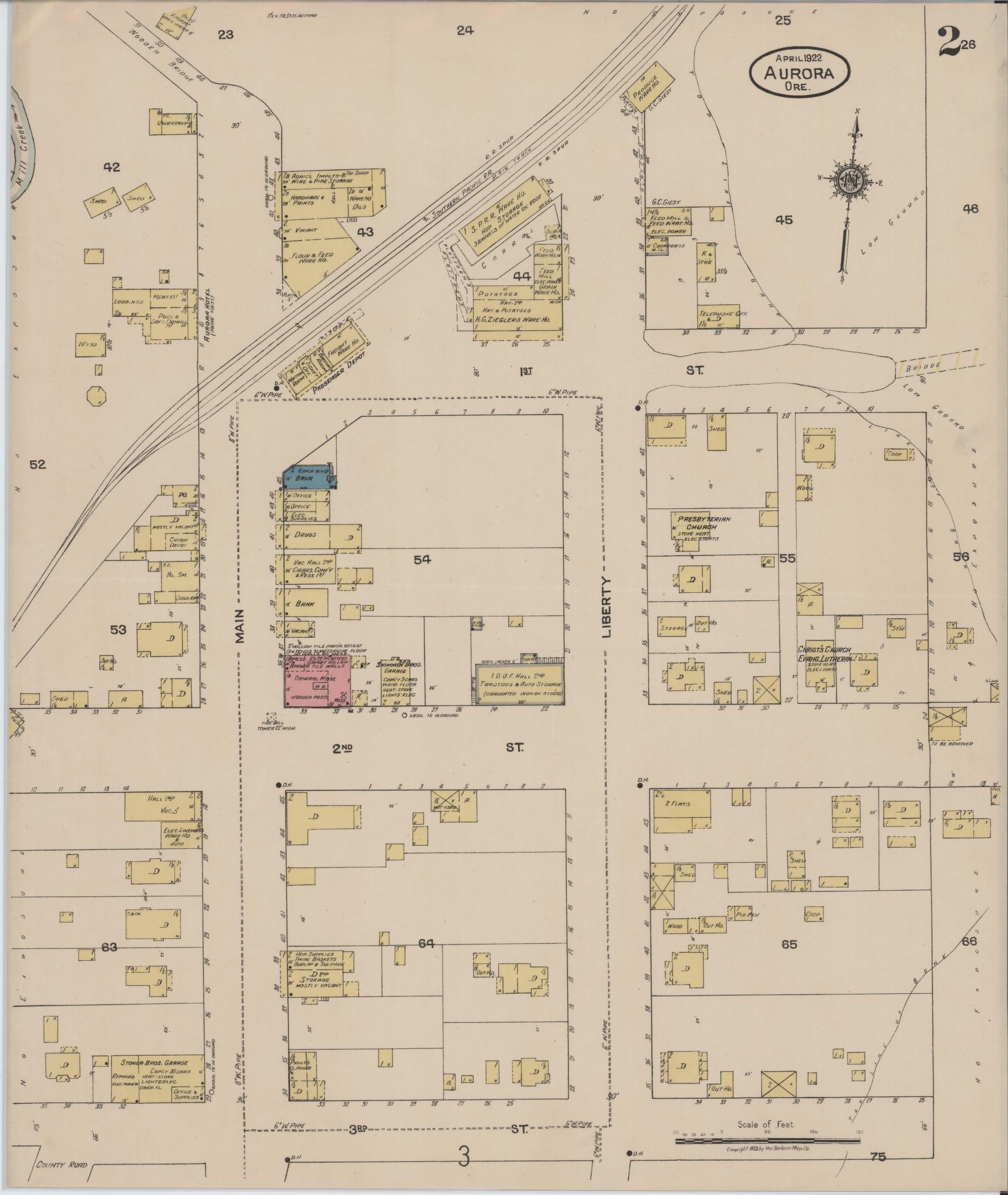 Sanborn Fire Insurance Map from Aurora, Marion County, Oregon (1922), Sheet #0002 - Complete Map Set gallery image, historic Sanborn map, vintage wall art, Oregon Oregon