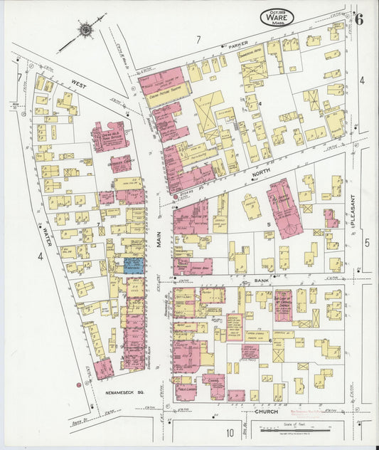 Sanborn Fire Insurance Map from Ware, Hampshire County, Massachusetts (1919), Sheet #0006 - Historic Sanborn Fire Insurance Map Print, vintage old map wall art, antique decor, genealogy gift, Massachusetts Massachusetts map
