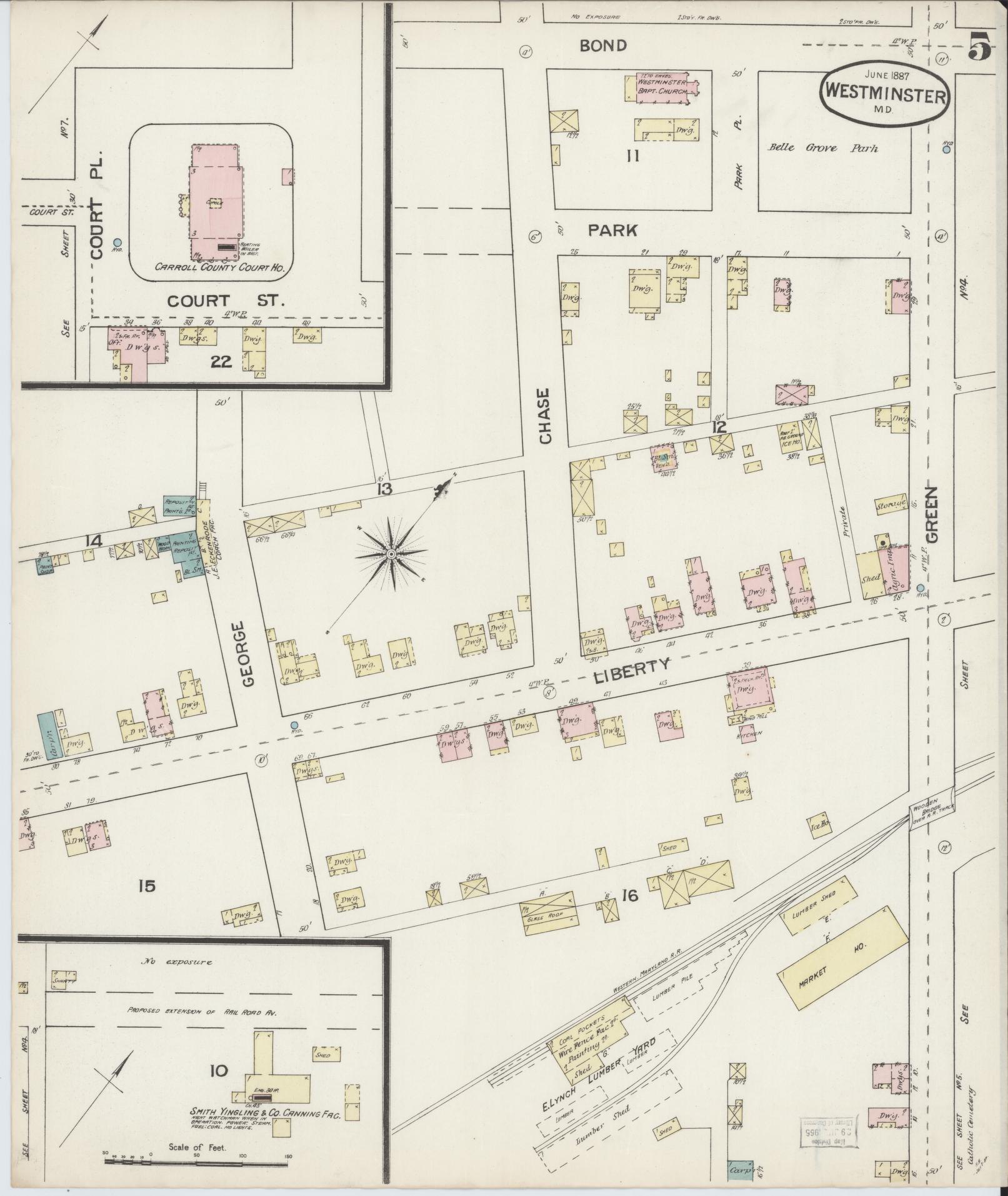 Sanborn Fire Insurance Map from Westminster, Carroll County, Maryland (1887), Sheet #0005 - Historic Sanborn Fire Insurance Map Print, vintage old map wall art, antique decor, genealogy gift, Maryland Maryland map