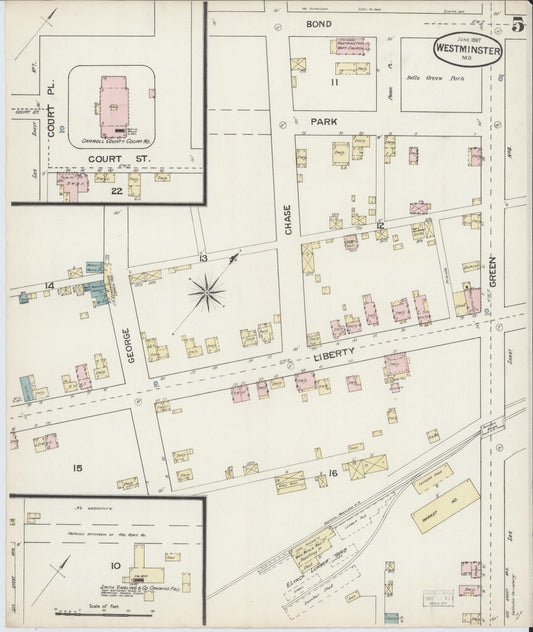 Sanborn Fire Insurance Map from Westminster, Carroll County, Maryland (1887), Sheet #0005 - Historic Sanborn Fire Insurance Map Print, vintage old map wall art, antique decor, genealogy gift, Maryland Maryland map