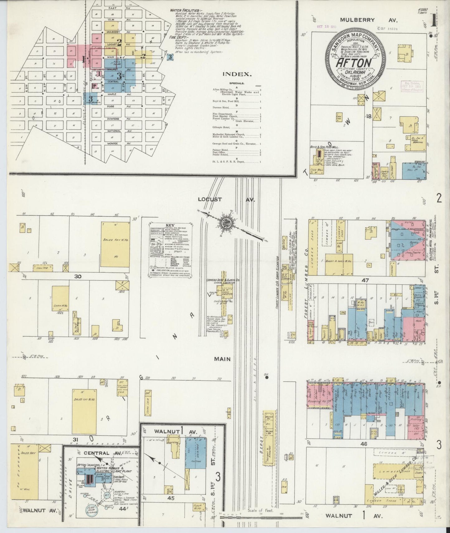 Sanborn Fire Insurance Map from Afton, Ottawa County, Oklahoma (1910), Sheet #0001 - Complete Map Set gallery image, historic Sanborn map, vintage wall art, Oklahoma Oklahoma