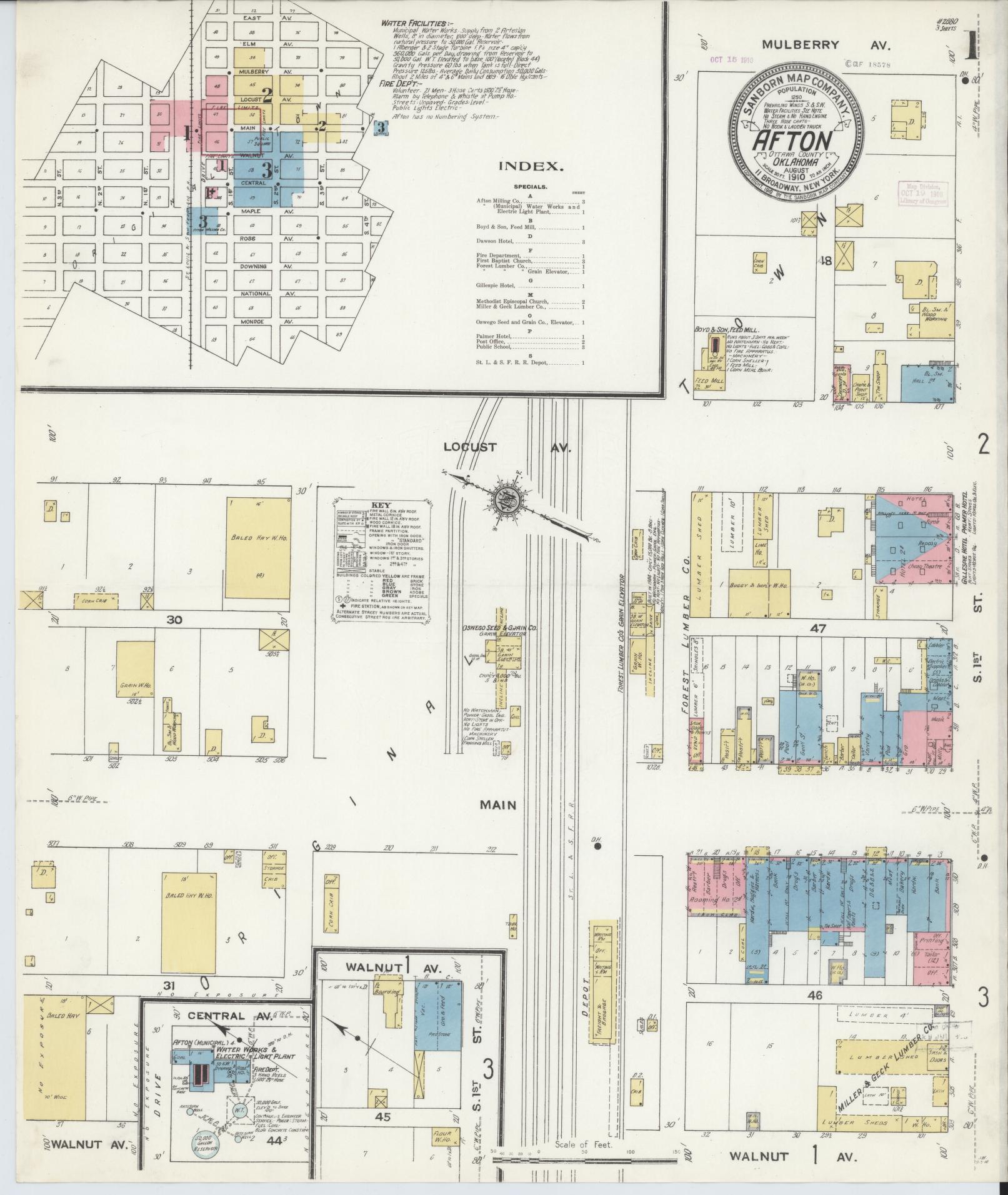 Sanborn Fire Insurance Map from Afton, Ottawa County, Oklahoma (1910), Sheet #0001 - Complete Map Set gallery image, historic Sanborn map, vintage wall art, Oklahoma Oklahoma