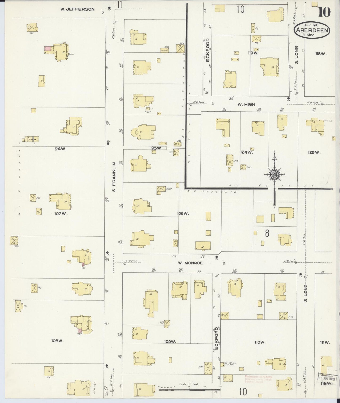 Sanborn Fire Insurance Map from Aberdeen, Monroe County, Mississippi (1910), Sheet #0010 - Historic Sanborn Fire Insurance Map Print, vintage old map wall art, antique decor, genealogy gift, Mississippi Mississippi map