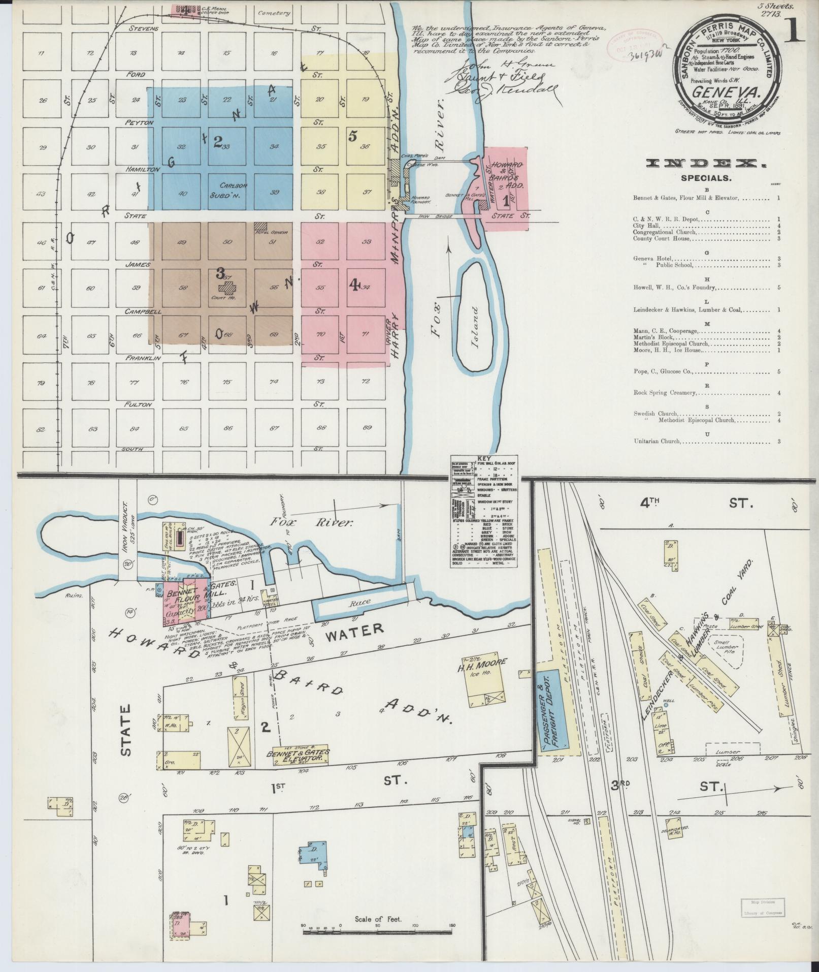 Sanborn Fire Insurance Map from Geneva, Kane County, Illinois (1891), Sheet #0001 - Complete Map Set gallery image, historic Sanborn map, vintage wall art, Illinois Illinois