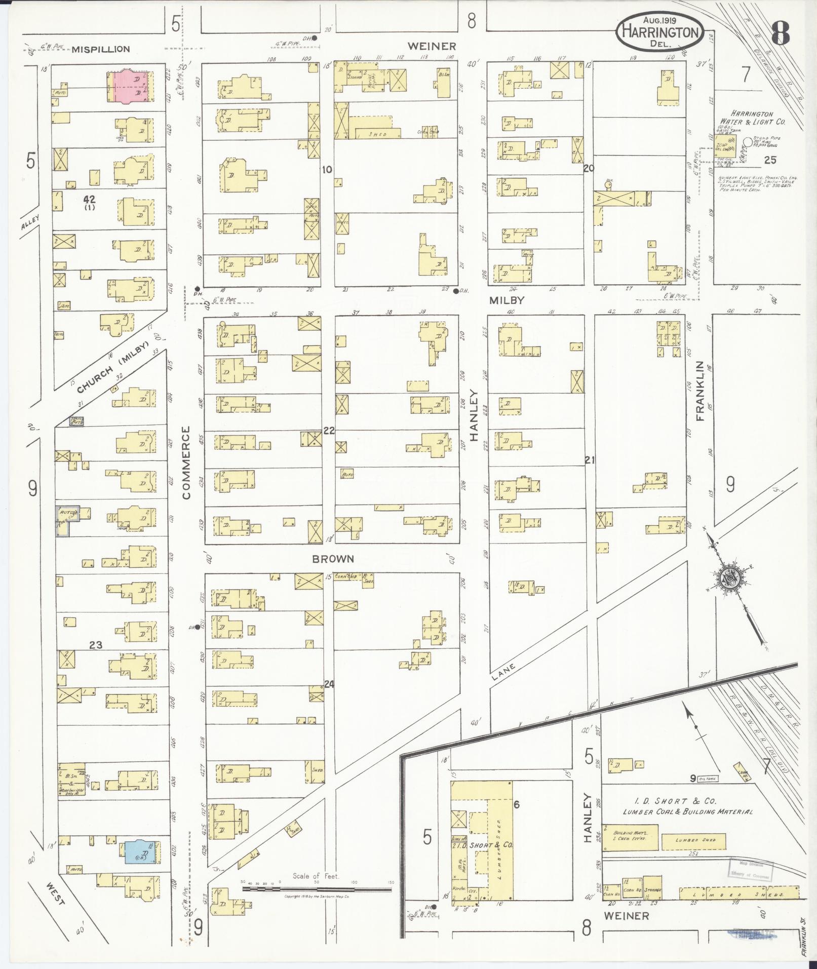 Sanborn Fire Insurance Map from Harrington, Kent County, Delaware (1919), Sheet #0008 - Historic Sanborn Fire Insurance Map Print, vintage old map wall art, antique decor, genealogy gift, Delaware Delaware map