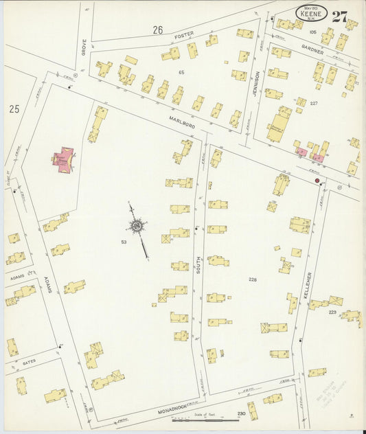 Sanborn Fire Insurance Map from Keene, Cheshire County, New Hampshire (1913), Sheet #0027 - Historic Sanborn Fire Insurance Map Print, vintage old map wall art, antique decor, genealogy gift, New Hampshire New Hampshire map