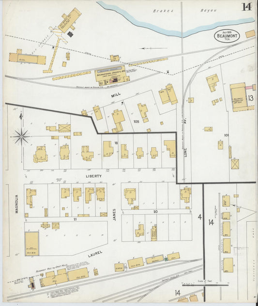 Sanborn Fire Insurance Map from Beaumont, Jefferson County, Texas (1899), Sheet #0014 - Historic Sanborn Fire Insurance Map Print, vintage old map wall art, antique decor, genealogy gift, Texas Texas map