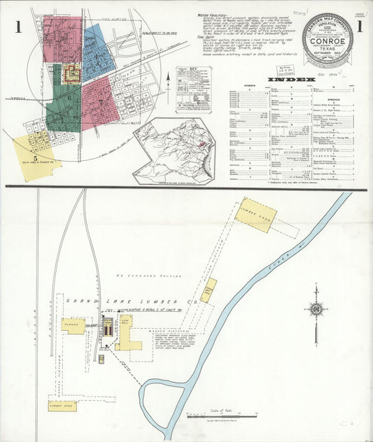 Sanborn Fire Insurance Map from Conroe, Montgomery County, Texas (1923), Sheet #0001 - Historic Sanborn Fire Insurance Map Print, vintage old map wall art, antique decor, genealogy gift, Texas Texas map