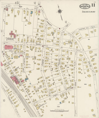 Sanborn Fire Insurance Map from Greenfield, Franklin County, Massachusetts (1922), Sheet #0011 - Historic Sanborn Fire Insurance Map Print, vintage old map wall art, antique decor, genealogy gift, Massachusetts Massachusetts map