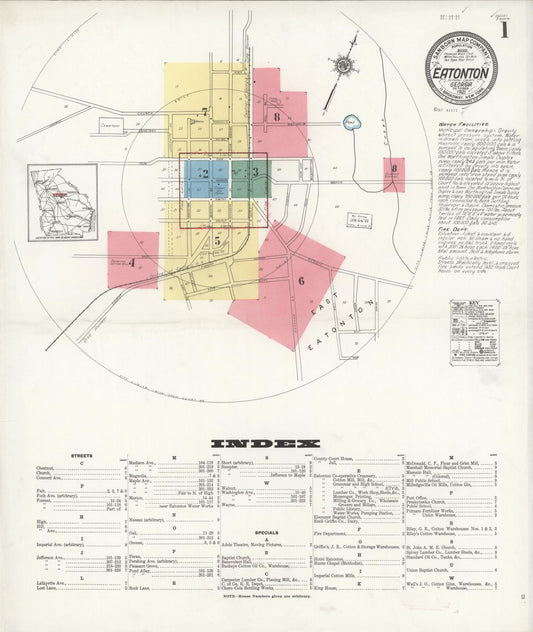 Sanborn Fire Insurance Map from Eatonton, Putnam County, Georgia (1921), Sheet #0001 - Complete Map Set gallery image, historic Sanborn map, vintage wall art, Georgia Georgia