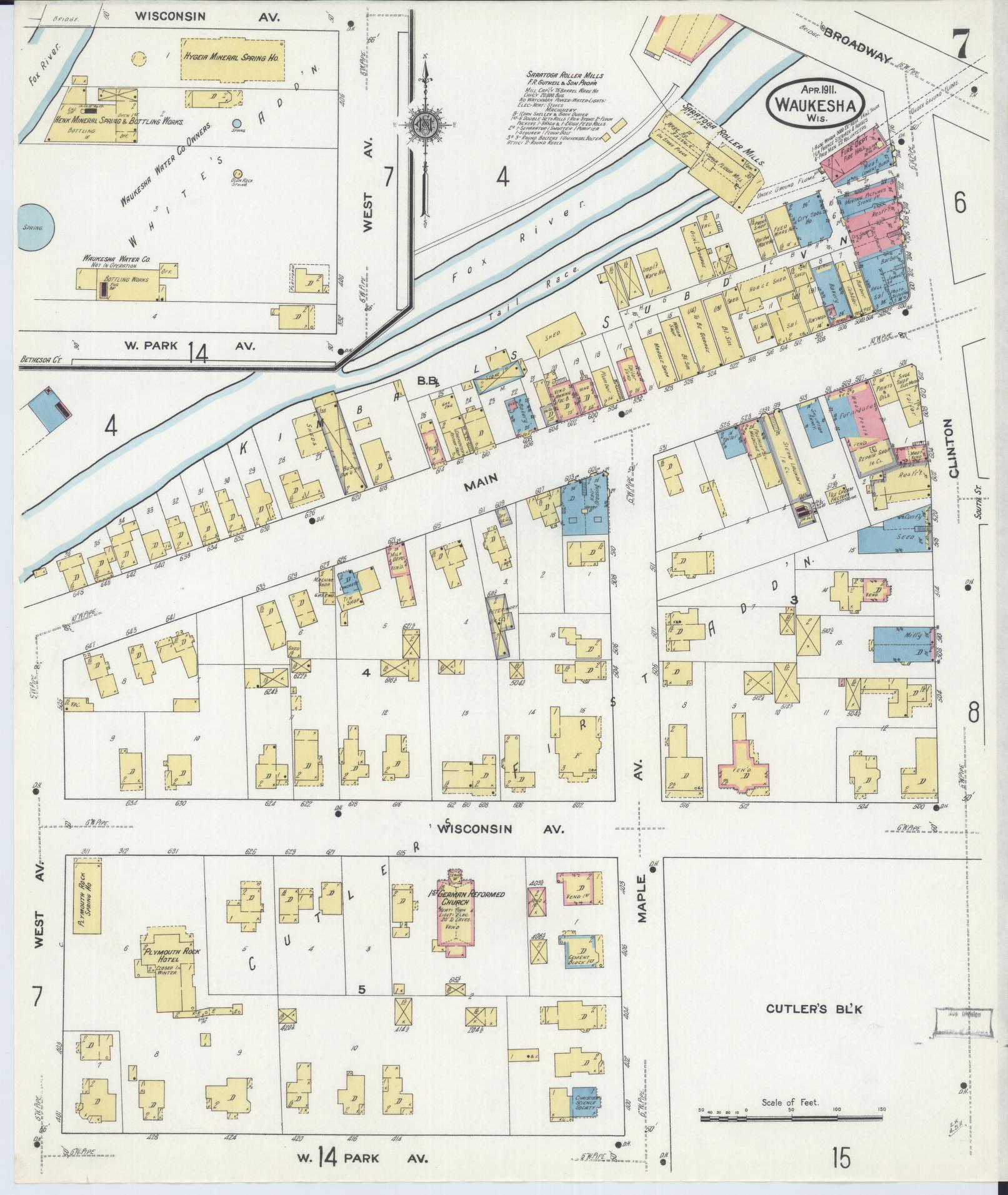 Sanborn Fire Insurance Map from Waukesha, Waukesha County, Wisconsin (1911), Sheet #0007 - Historic Sanborn Fire Insurance Map Print, vintage old map wall art, antique decor, genealogy gift, Wisconsin Wisconsin map