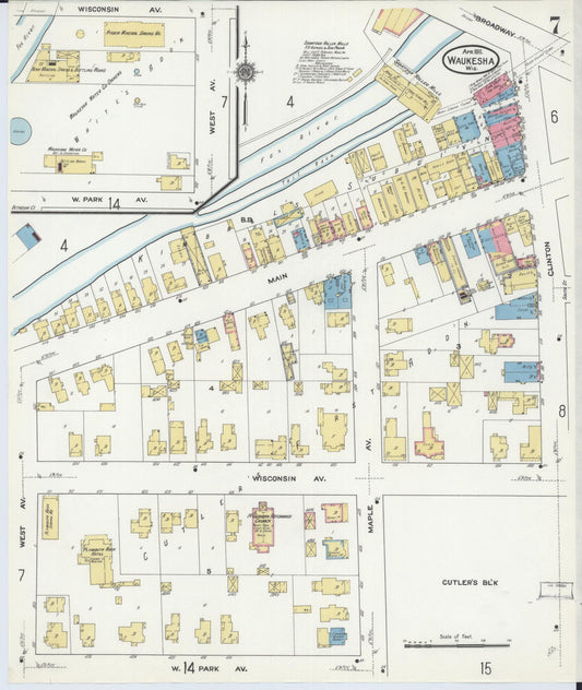 Sanborn Fire Insurance Map from Waukesha, Waukesha County, Wisconsin (1911), Sheet #0007 - Historic Sanborn Fire Insurance Map Print, vintage old map wall art, antique decor, genealogy gift, Wisconsin Wisconsin map