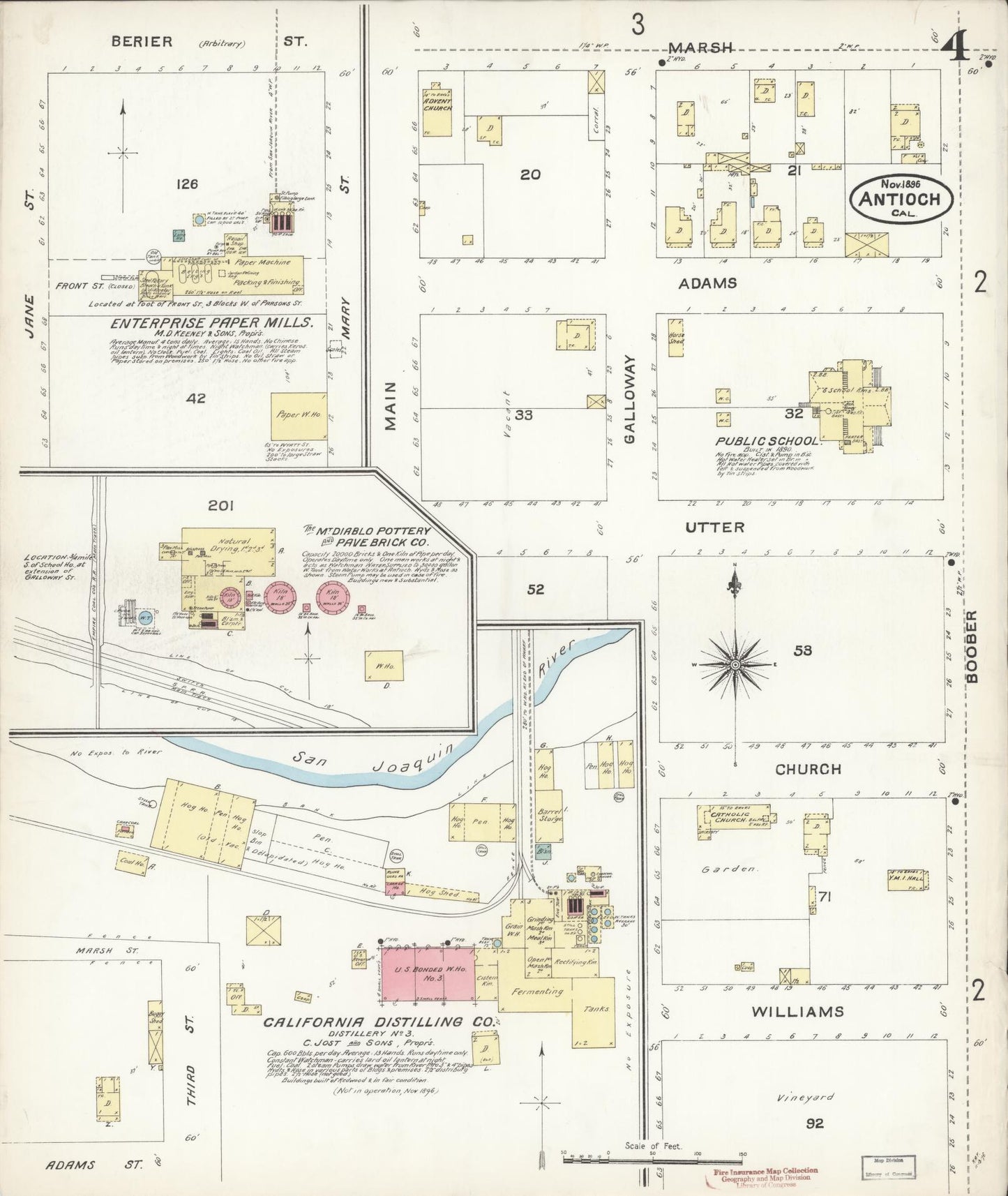 Sanborn Fire Insurance Map from Antioch, Contra Costa County, California (1896), Sheet #0004 - Historic Sanborn Fire Insurance Map Print, vintage old map wall art, antique decor, genealogy gift, California California map