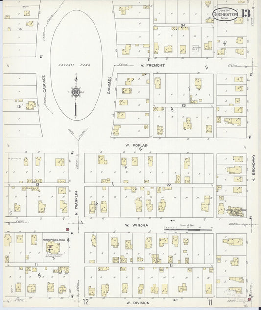 Sanborn Fire Insurance Map from Rochester, Olmsted County, Minnesota (1914), Sheet #0013 - Historic Sanborn Fire Insurance Map Print, vintage old map wall art, antique decor, genealogy gift, Minnesota Minnesota map