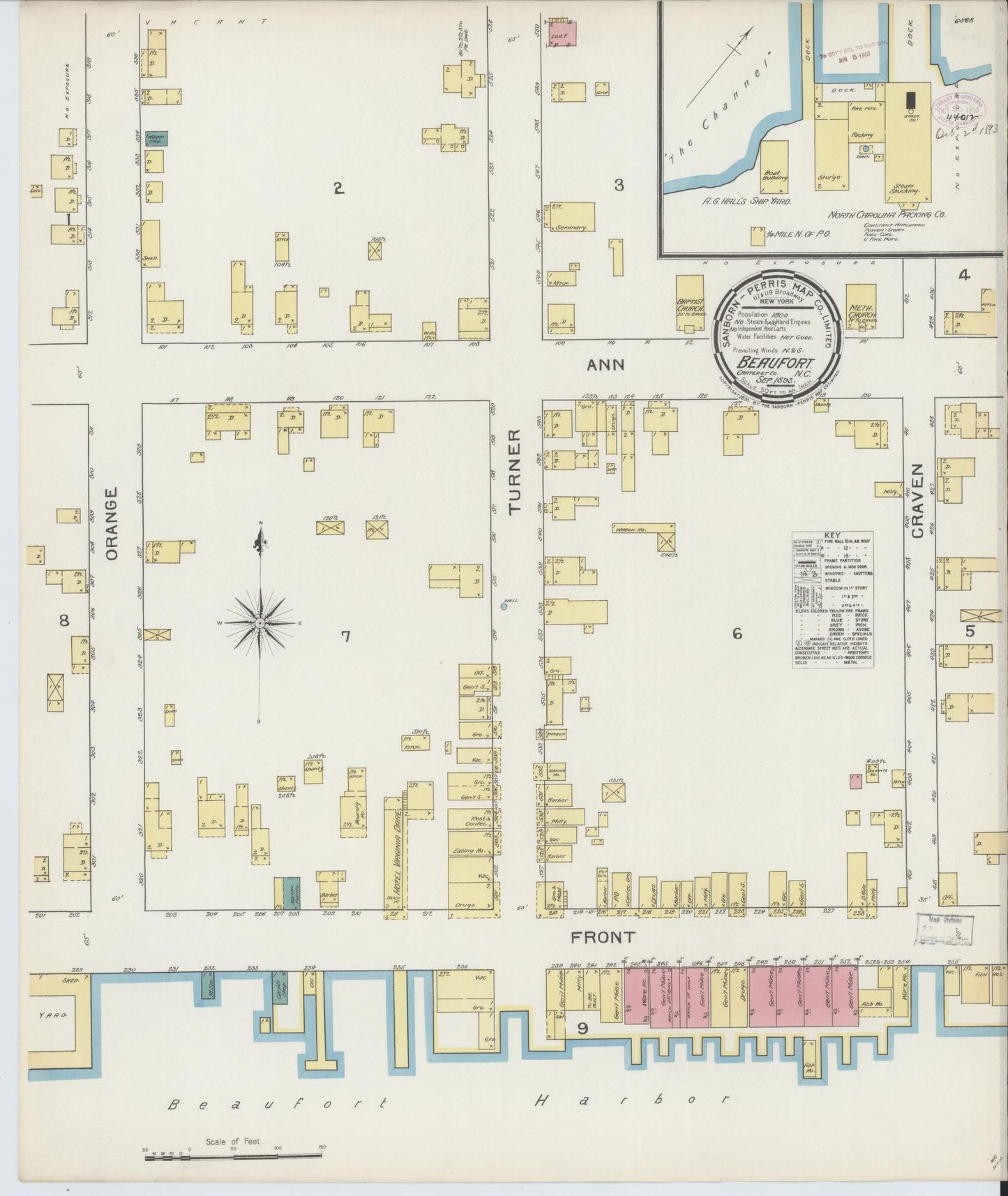 Sanborn Fire Insurance Map from Beaufort, Carteret County, North Carolina (1893), Sheet #0001 - Historic Sanborn Fire Insurance Map Print, vintage old map wall art, antique decor, genealogy gift, North Carolina North Carolina map