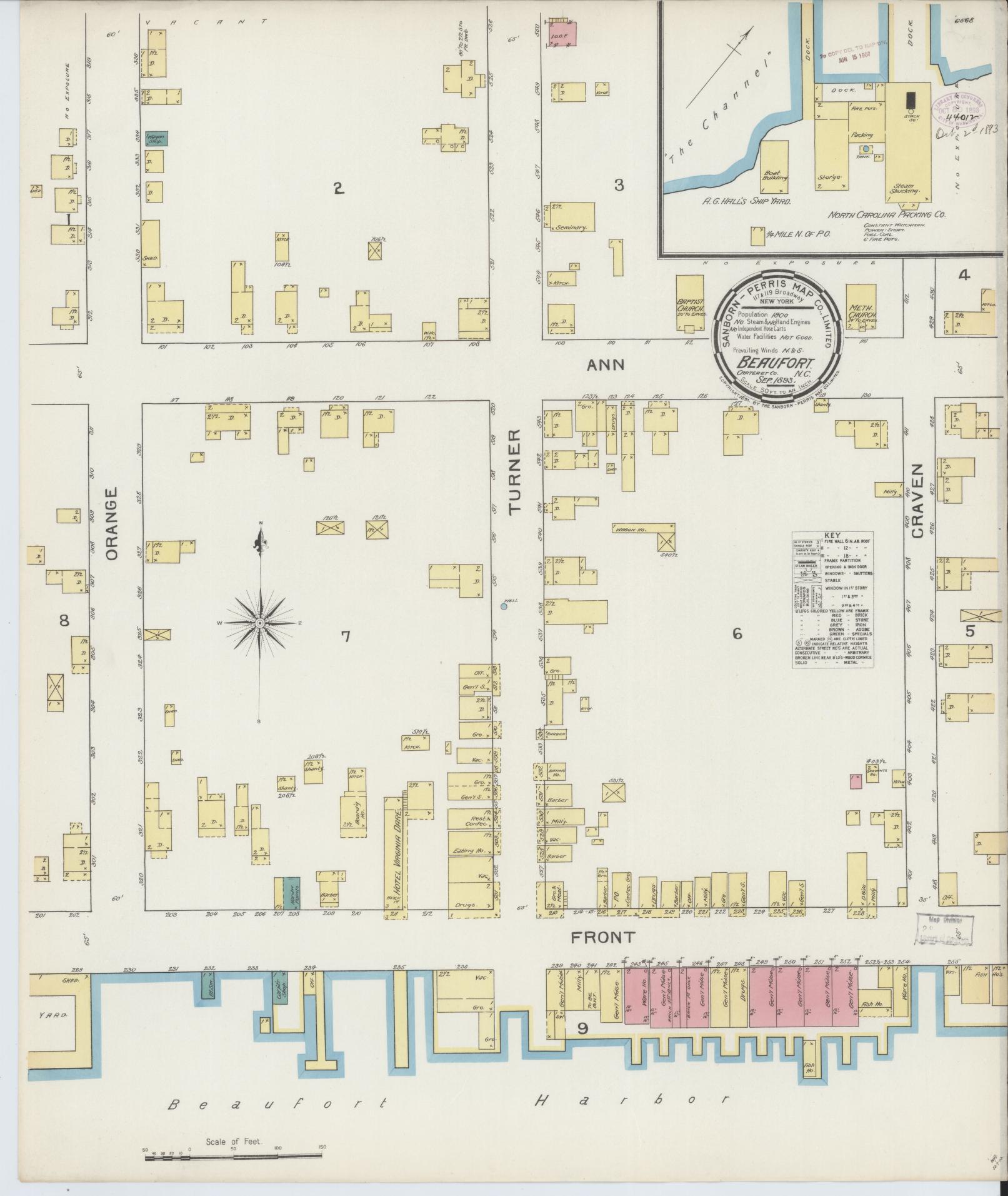 Sanborn Fire Insurance Map from Beaufort, Carteret County, North Carolina (1893), Sheet #0001 - Historic Sanborn Fire Insurance Map Print, vintage old map wall art, antique decor, genealogy gift, North Carolina North Carolina map