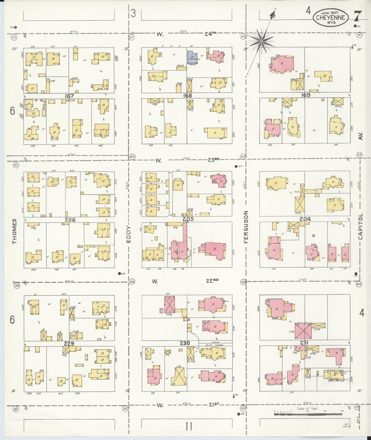 Sanborn Fire Insurance Map from Cheyenne, Laramie County, Wyoming (1907), Sheet #0007 - Complete Map Set gallery image, historic Sanborn map, vintage wall art, Wyoming Wyoming