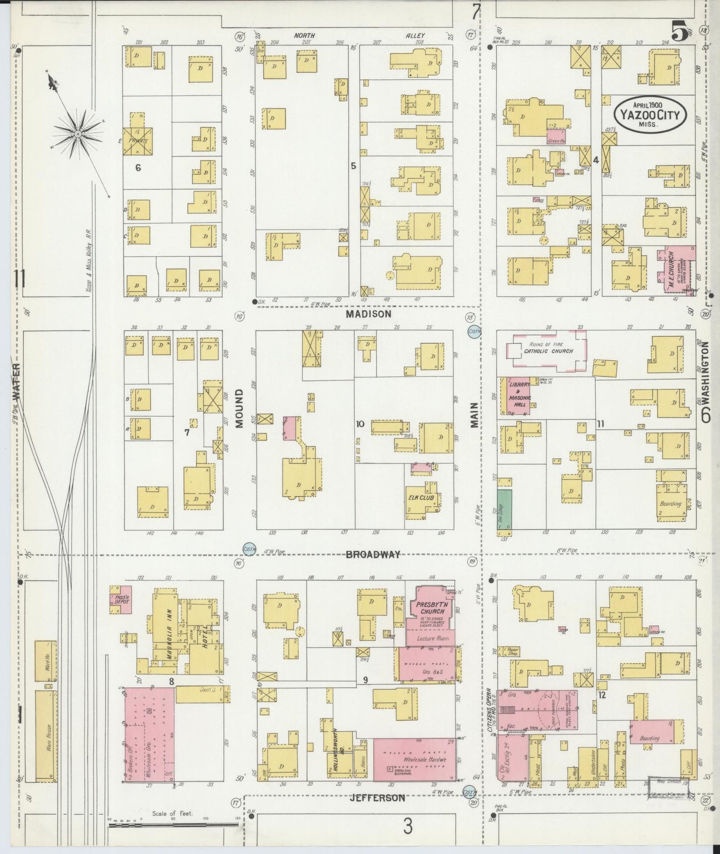 Sanborn Fire Insurance Map from Yazoo City, Yazoo County, Mississippi (1900), Sheet #0005 - Complete Map Set gallery image, historic Sanborn map, vintage wall art, Mississippi Mississippi