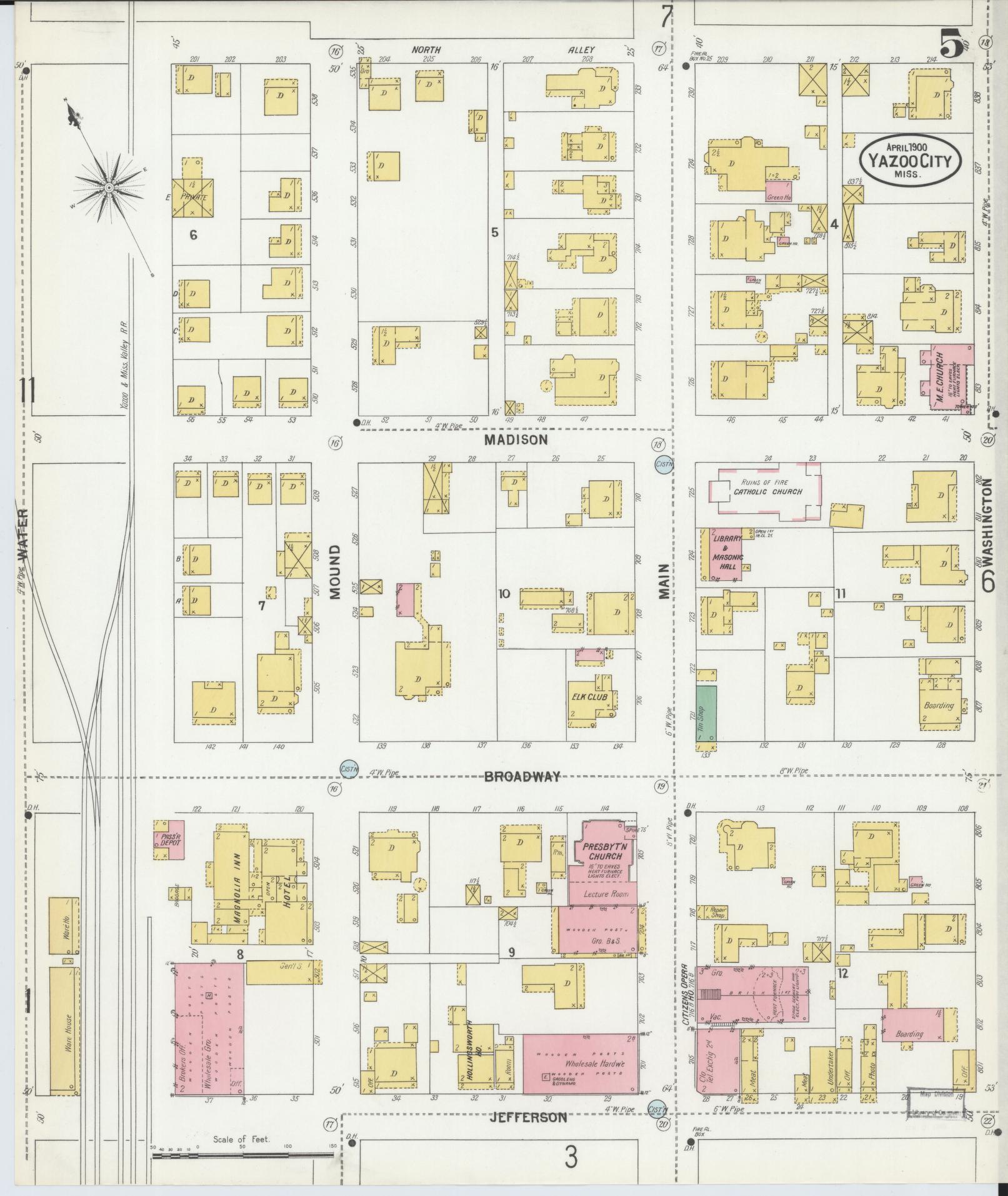 Sanborn Fire Insurance Map from Yazoo City, Yazoo County, Mississippi (1900), Sheet #0005 - Complete Map Set gallery image, historic Sanborn map, vintage wall art, Mississippi Mississippi