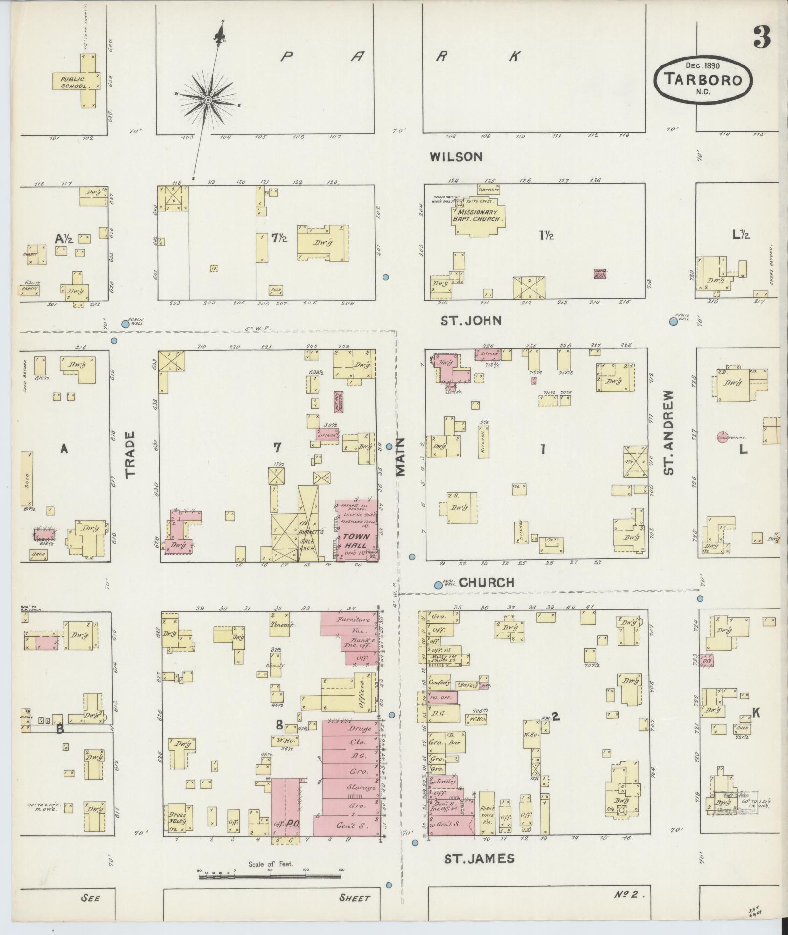 Sanborn Fire Insurance Map from Tarboro, Edgecombe County, North Carolina (1890), Sheet #0003 - Complete Map Set gallery image, historic Sanborn map, vintage wall art, North Carolina North Carolina