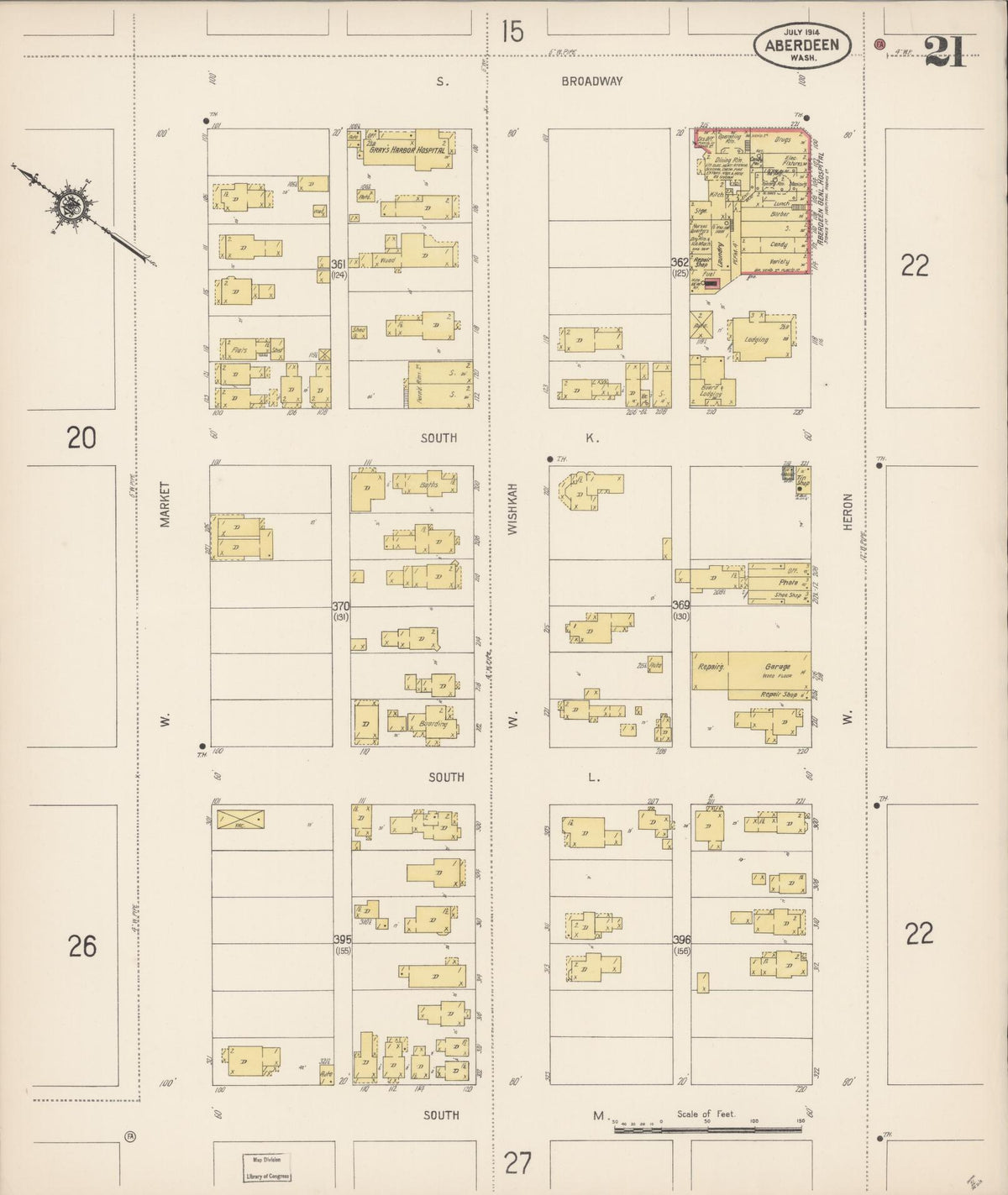 Sanborn Fire Insurance Map from Aberdeen, Grays Harbor County, Washington (1914), Sheet #0021 - Complete Map Set gallery image, historic Sanborn map, vintage wall art, Washington Washington