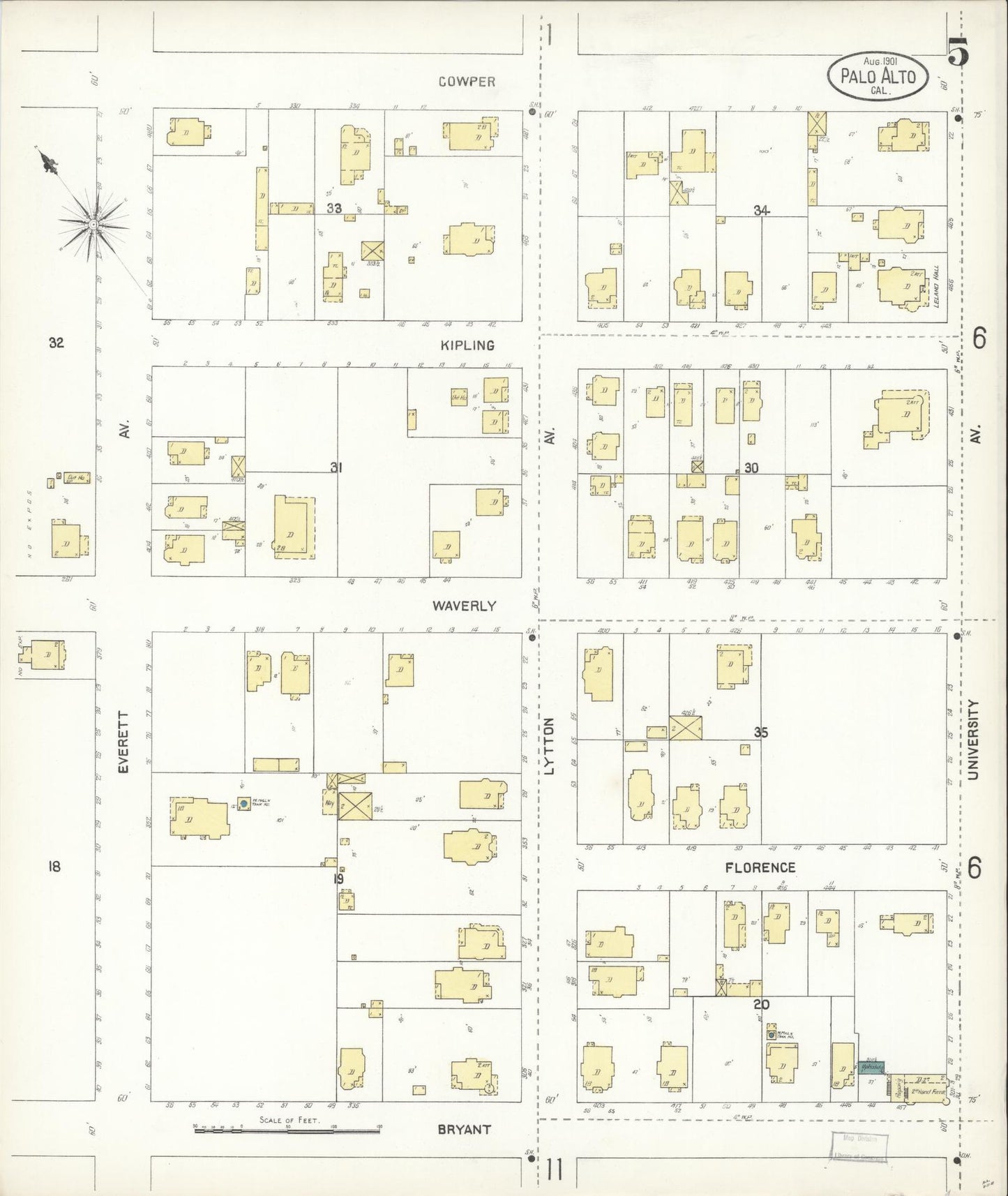 Sanborn Fire Insurance Map from Palo Alto, Santa Clara County, California (1901), Sheet #0005 - Complete Map Set gallery image, historic Sanborn map, vintage wall art, California California