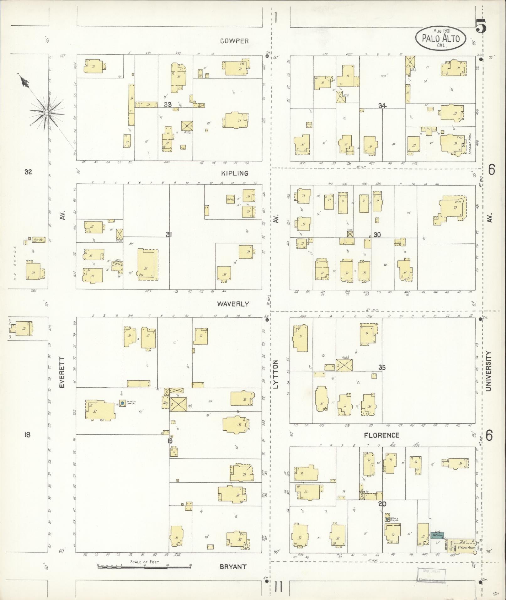Sanborn Fire Insurance Map from Palo Alto, Santa Clara County, California (1901), Sheet #0005 - Complete Map Set gallery image, historic Sanborn map, vintage wall art, California California
