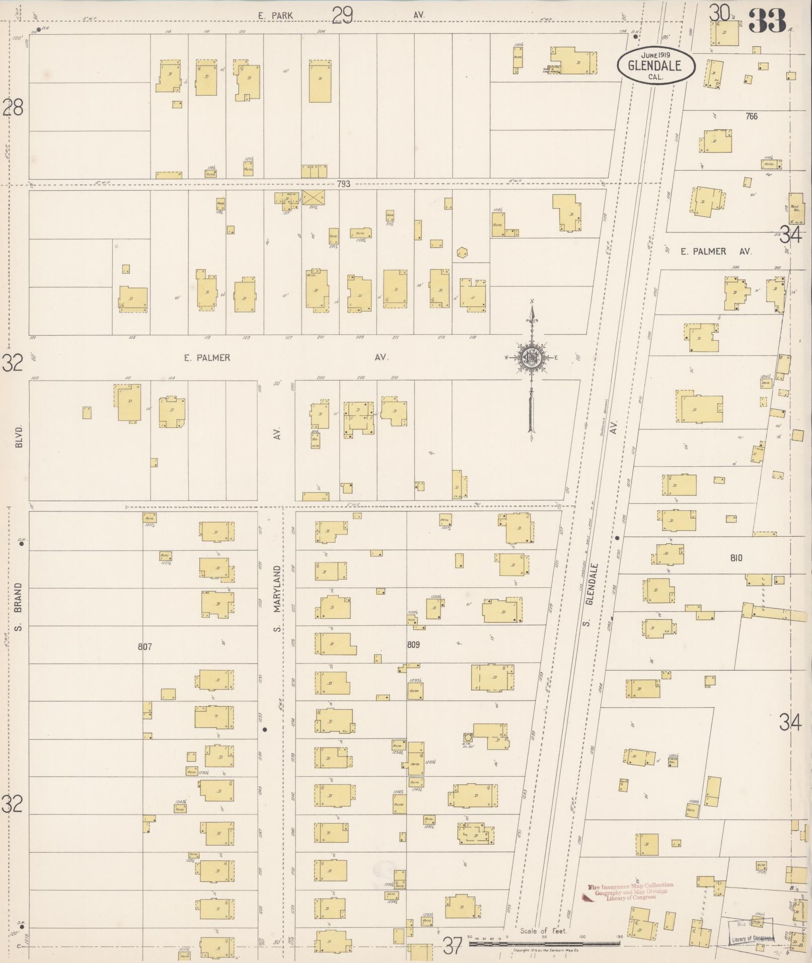 Sanborn Fire Insurance Map from Glendale, Los Angeles County, California (1919), Sheet #0033 - Historic Sanborn Fire Insurance Map Print, vintage old map wall art, antique decor, genealogy gift, California California map