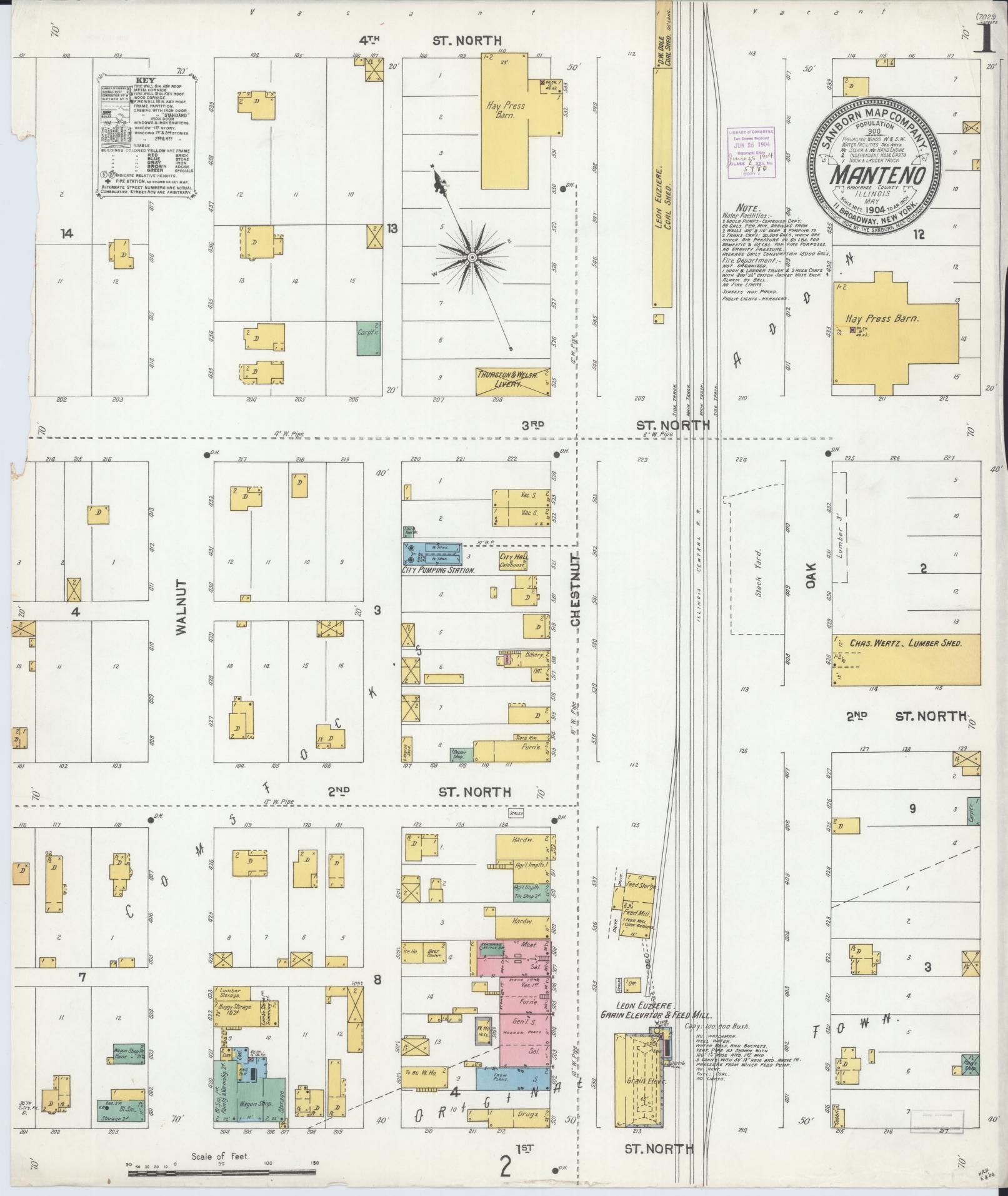 Sanborn Fire Insurance Map from Manteno, Kankakee County, Illinois (1904), Sheet #0001 - Complete Map Set gallery image, historic Sanborn map, vintage wall art, Illinois Illinois