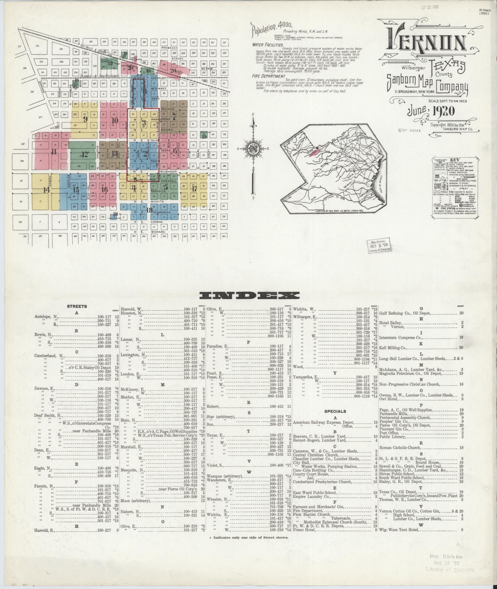 Sanborn Fire Insurance Map from Vernon, Wilbarger County, Texas. (1920) – Historic Sanborn Fire Insurance Map Print