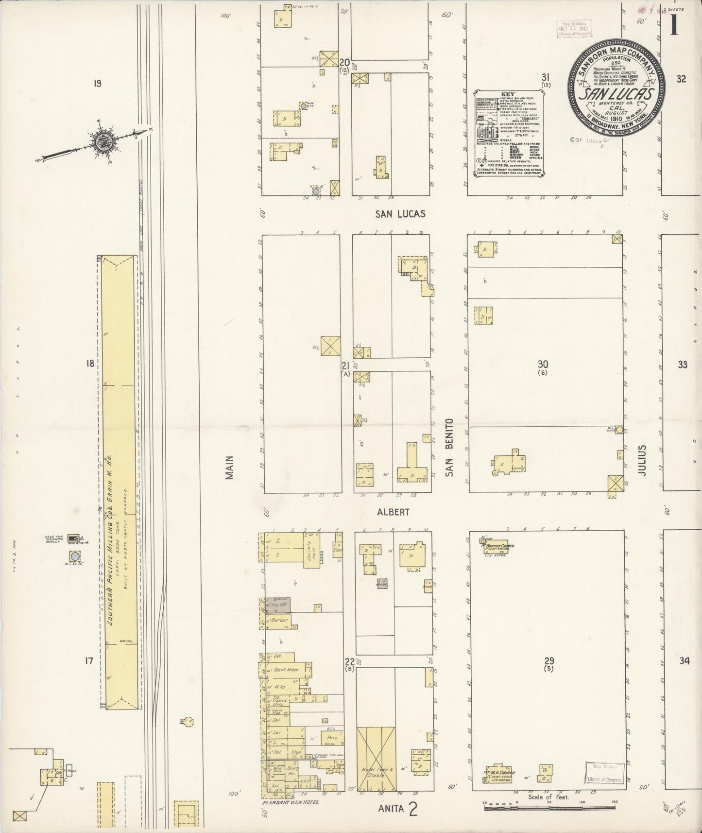Sanborn Fire Insurance Map from San Lucas, Monterey County, California (1910), Sheet #0001 - Complete Map Set gallery image, historic Sanborn map, vintage wall art, California California