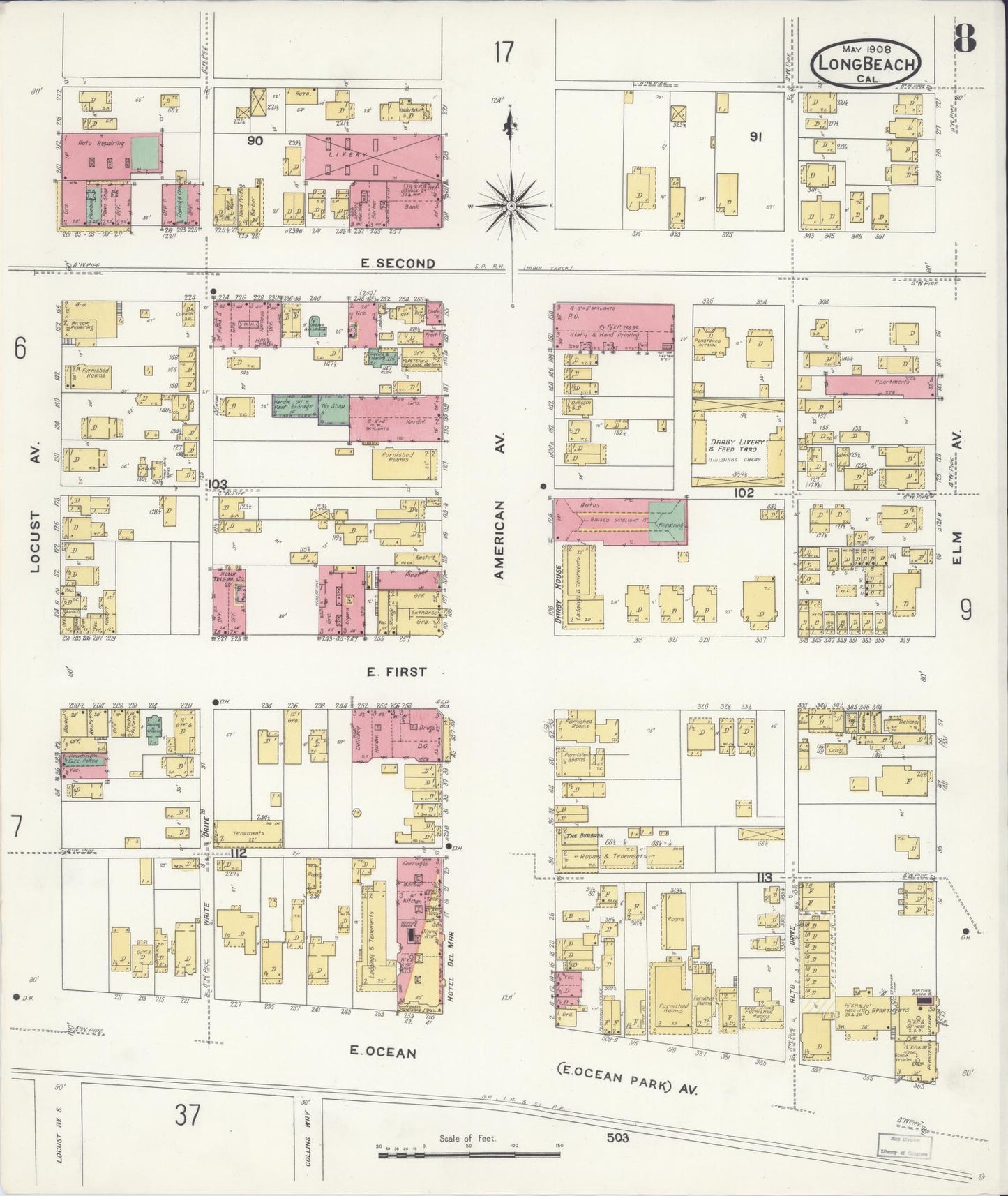 Sanborn Fire Insurance Map from Long Beach, Los Angeles County, California (1908), Sheet #0008 - Historic Sanborn Fire Insurance Map Print, vintage old map wall art, antique decor, genealogy gift, California California map
