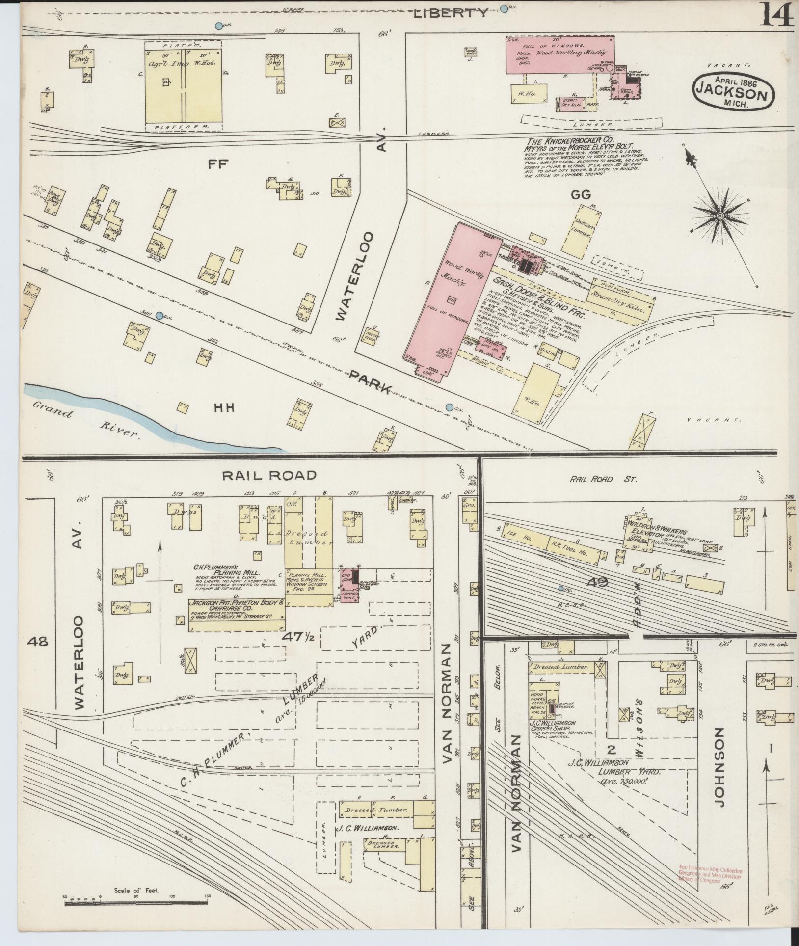 Sanborn Fire Insurance Map from Jackson, Jackson County, Michigan (1886), Sheet #0014 - Complete Map Set gallery image, historic Sanborn map, vintage wall art, Michigan Michigan