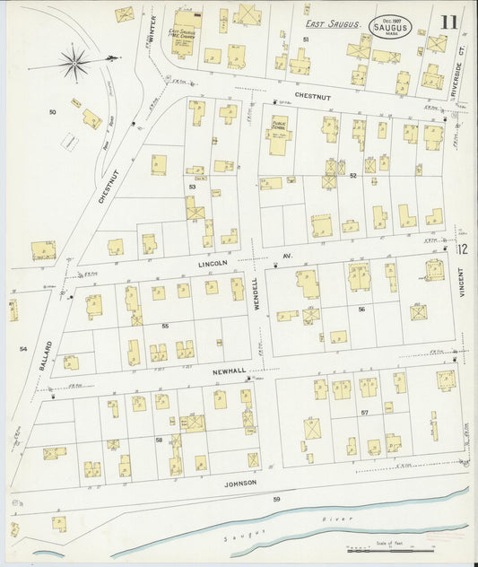 Sanborn Fire Insurance Map from Saugus, Essex County, Massachusetts (1907), Sheet #0011 - Historic Sanborn Fire Insurance Map Print, vintage old map wall art, antique decor, genealogy gift, Massachusetts Massachusetts map